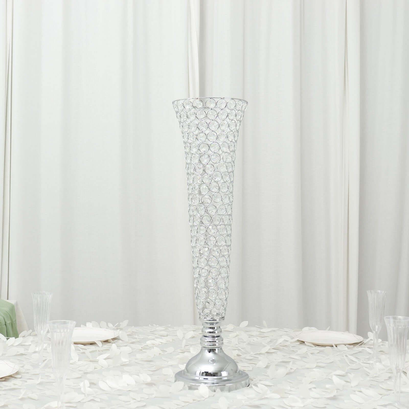 3-Pack Crystal Beaded Trumpet Vase Silver - Exquisite Floral Display Centerpiece Stand Set for Banquets & Receptions 28" Tall