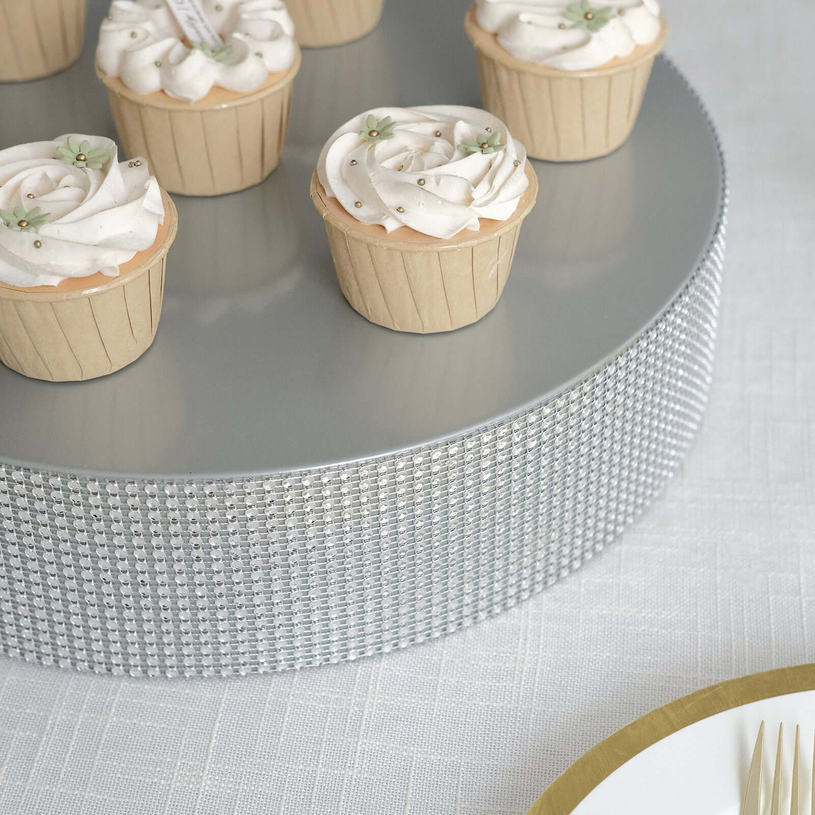 Metal Pedestal Cake Stand Round Design with Rhinestones Silver - Cupcake Holder and Dessert Table Centerpiece 14"