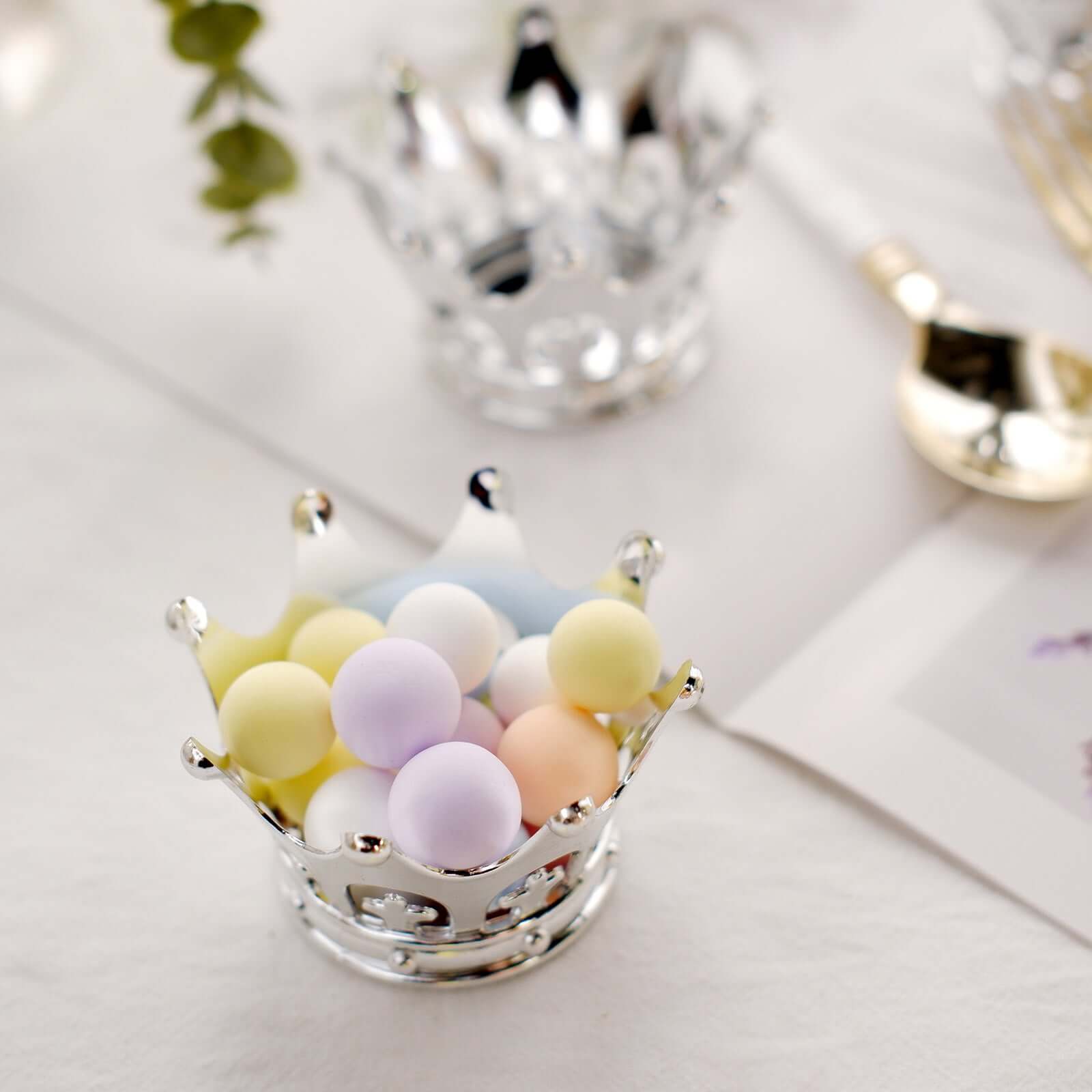 12-Pack Fillable Mini Crown Candy Container Silver - Regal Baby Shower Candy Treat Favor Containers 3"