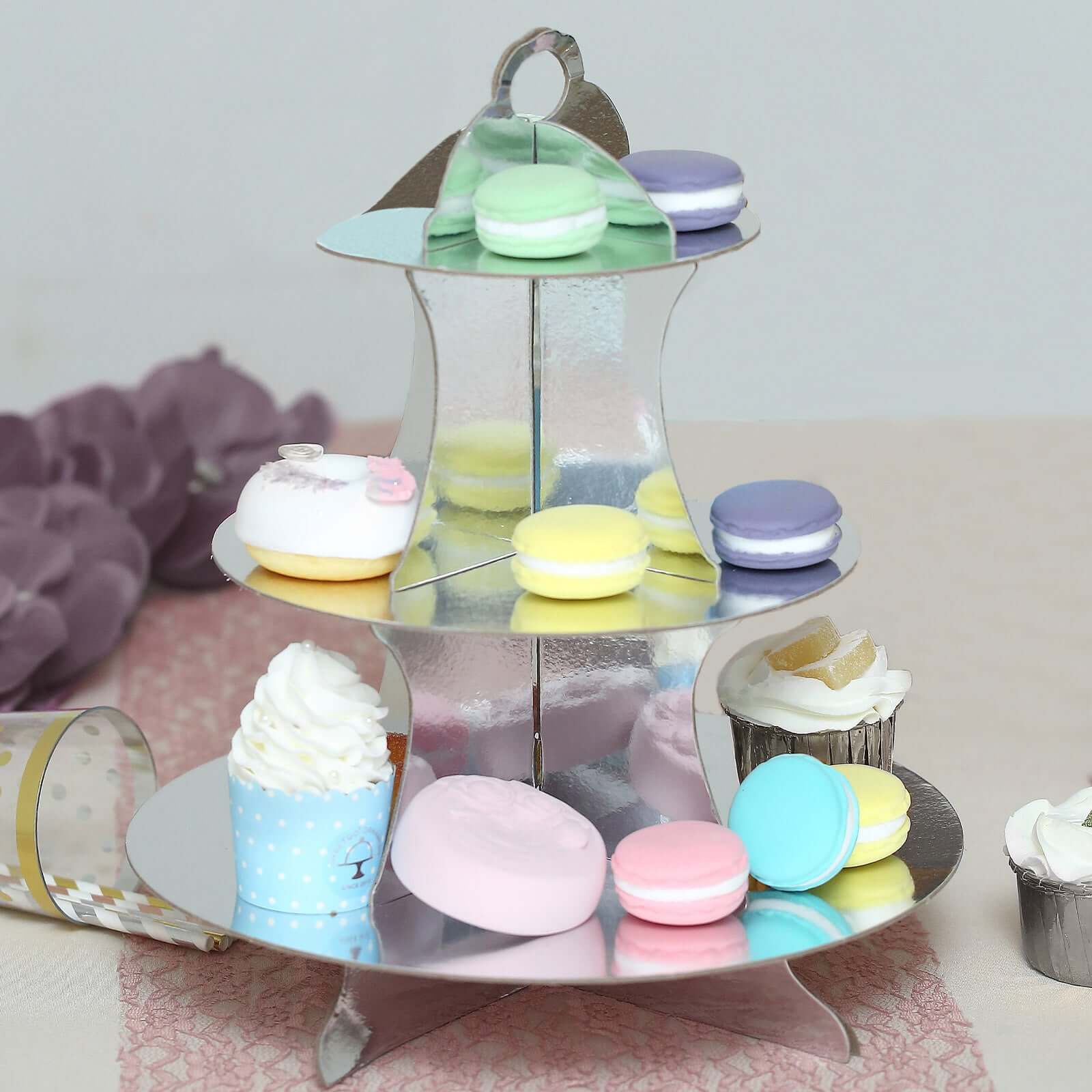 3-Tier Cardboard Cupcake Stand Metallic Silver - Reusable Dessert Table Display Tower for Classy Birthday Wedding Party Decoration 14"