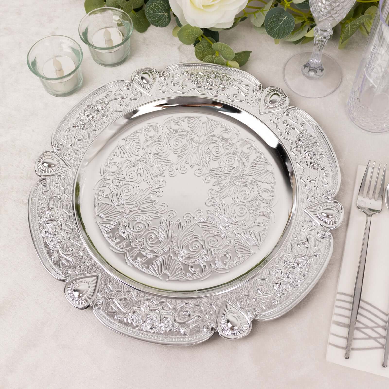 6-Pack Acrylic Round Charger Plates 13" in Silver Floral Embossed with Scalloped Rim, Plastic Decorative Charger Tableware