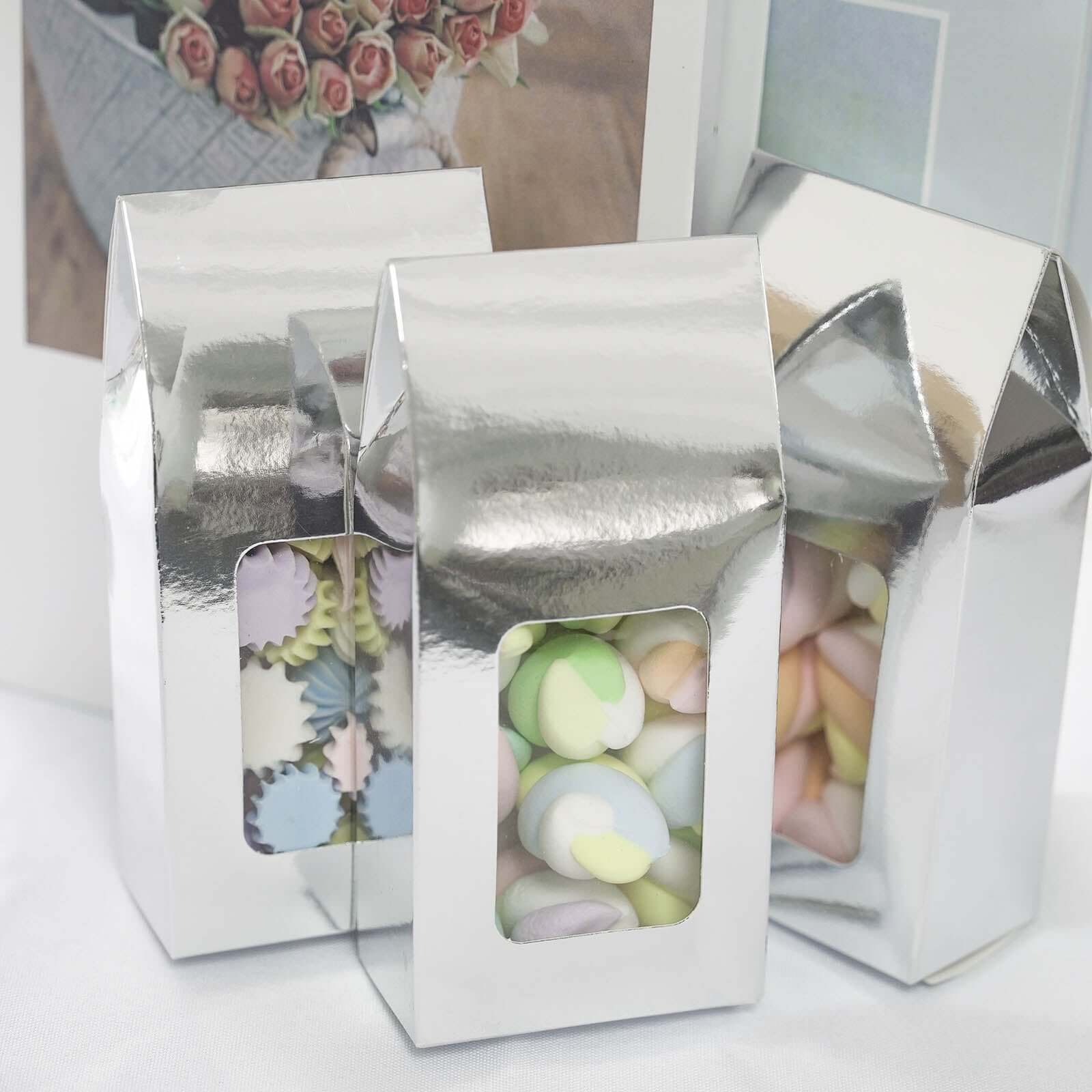 25 Pack Silver Tote With Window Party Favor Candy Gift Boxes 2.75" X 1.5" X 6"