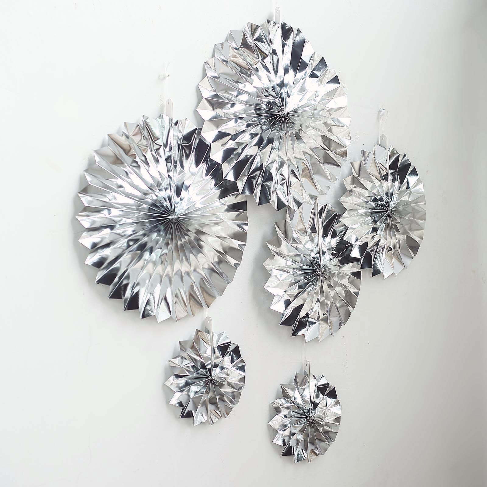 Set of 6 Metallic Silver Hanging Paper Fan Decorations, Pinwheel Wall Backdrop Party Kit - 8", 12", 16"