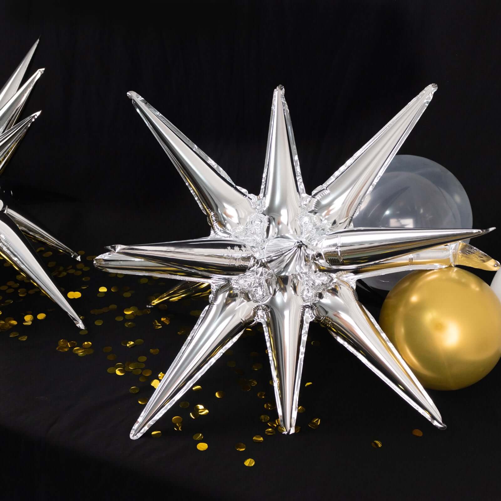 5 Pack Large Metallic Silver 14-Point Starburst Foil Balloons, 27" Fireworks Star Explosion Mylar Party Balloons