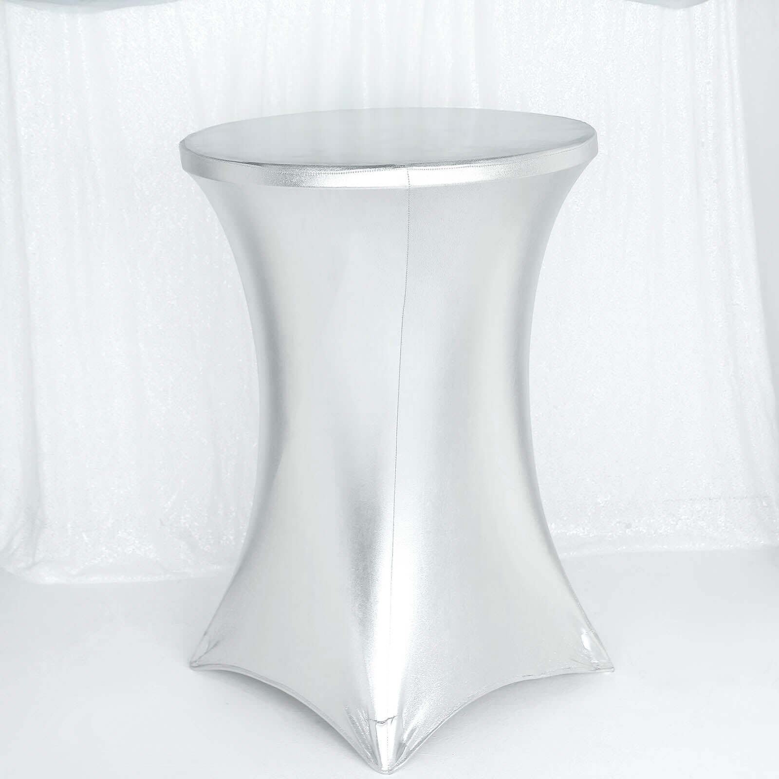 Metallic Spandex 32" Fitted Round Cocktail Table Cover Silver Highboy Tablecloth - Stretch Fit & Water-Resistant