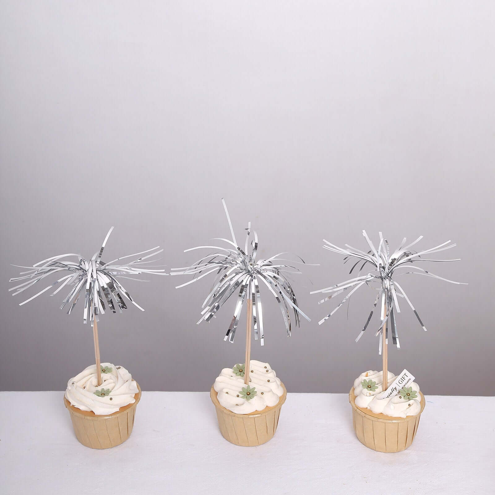 100-Pack Bamboo Cocktail Sticks Firework Cupcake Toppers Silver - Festive Foil Frills Food Picks 9"
