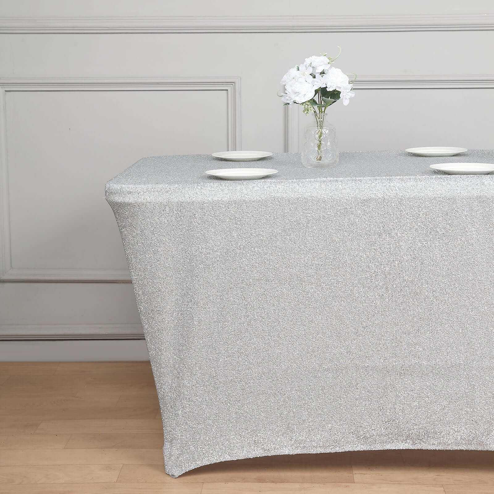 Shimmer Tinsel Spandex 72"x30" Rectangle Tablecloth Metallic Silver Glittered Shiny Stretch Table Cover