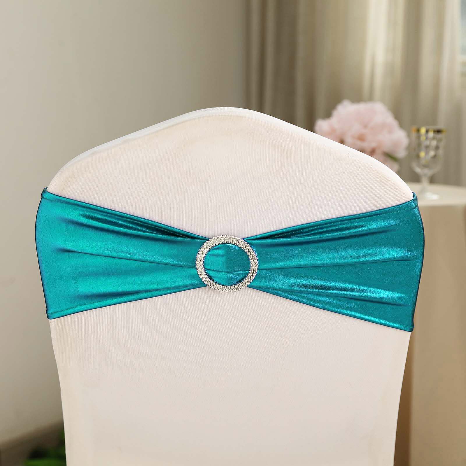 5 Pack Metallic Spandex Chair Sashes Peacock Teal - Stretch Fit Chair Bands With Round Diamond Buckles