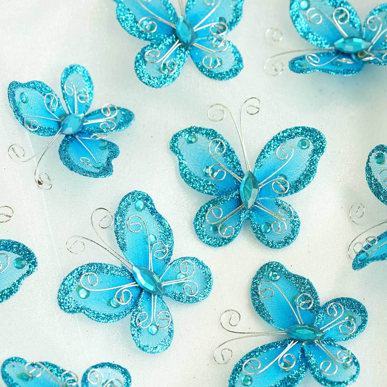 12 Pack 2" Turquoise Diamond Studded Wired Organza Butterflies