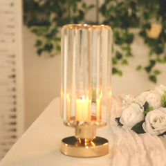 2 Pack 11" Crystal Pendant Hurricane Candle Holders in Gold, Elegant Cylinder Design for Pillar Candles, Short-Stemmed, Decorative Table Centerpieces