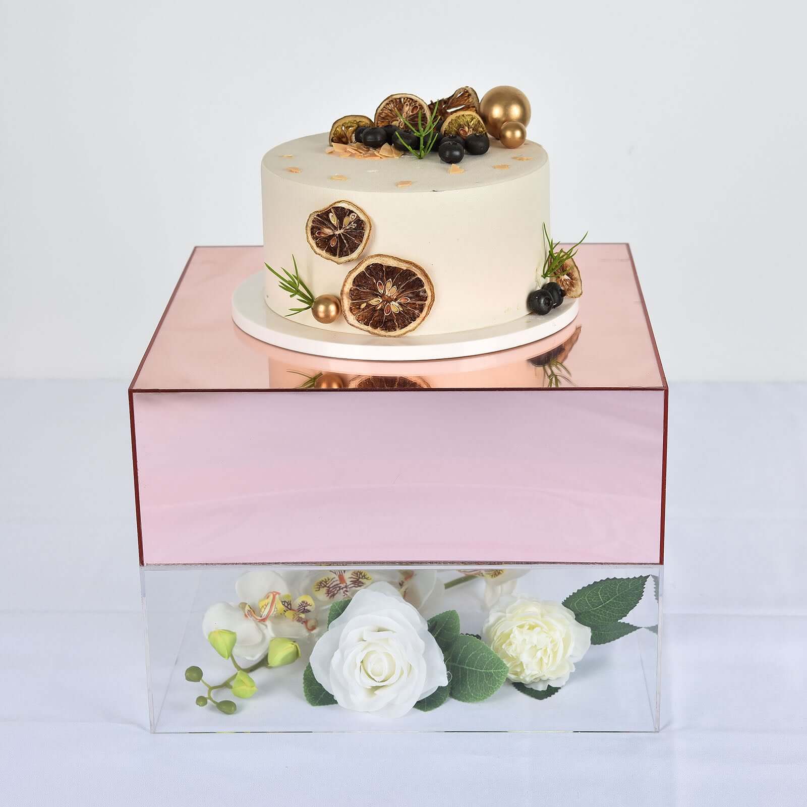 Acrylic Cake Box Stand Pedestal Riser Mirror Finish Rose Gold - Display for Desserts and Events 14"x14"