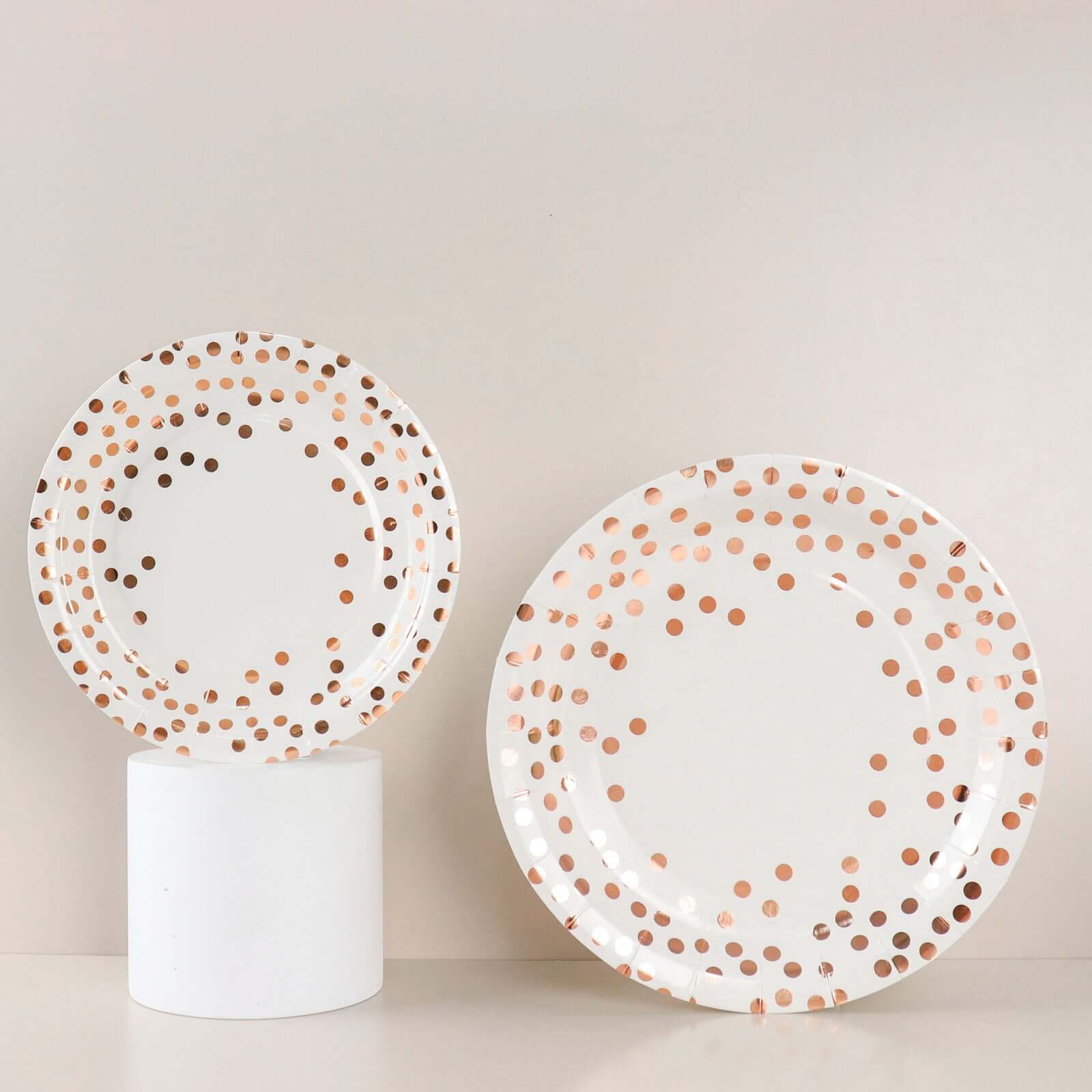 25-Pack Paper Round Dinner Plates 9" White with Metallic Rose Gold Polka Dots - Disposable 300GSM Party Plates for Banquets & Celebrations