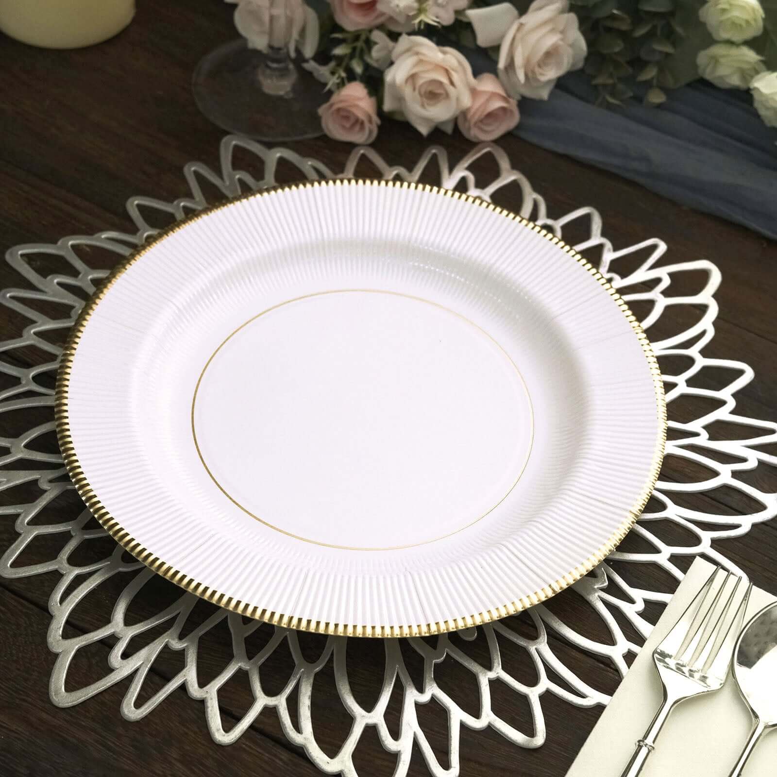 25-Pack Paper 10" Round Dinner Plates in White Sunray Design with Gold Rim - Disposable Heavy Duty 350GSM Party Plates