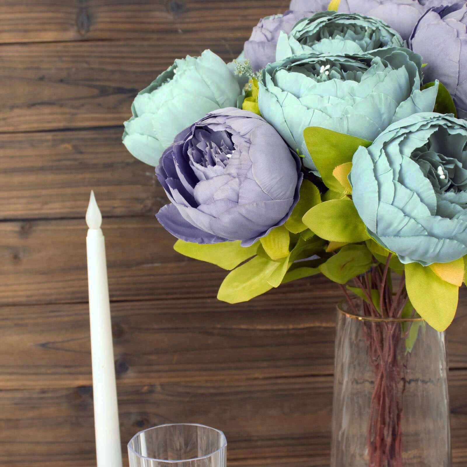 2 Pack 19" Dusty Blue Artificial Peony Flower Wedding Bouquets, Faux Silk Flower Arrangements