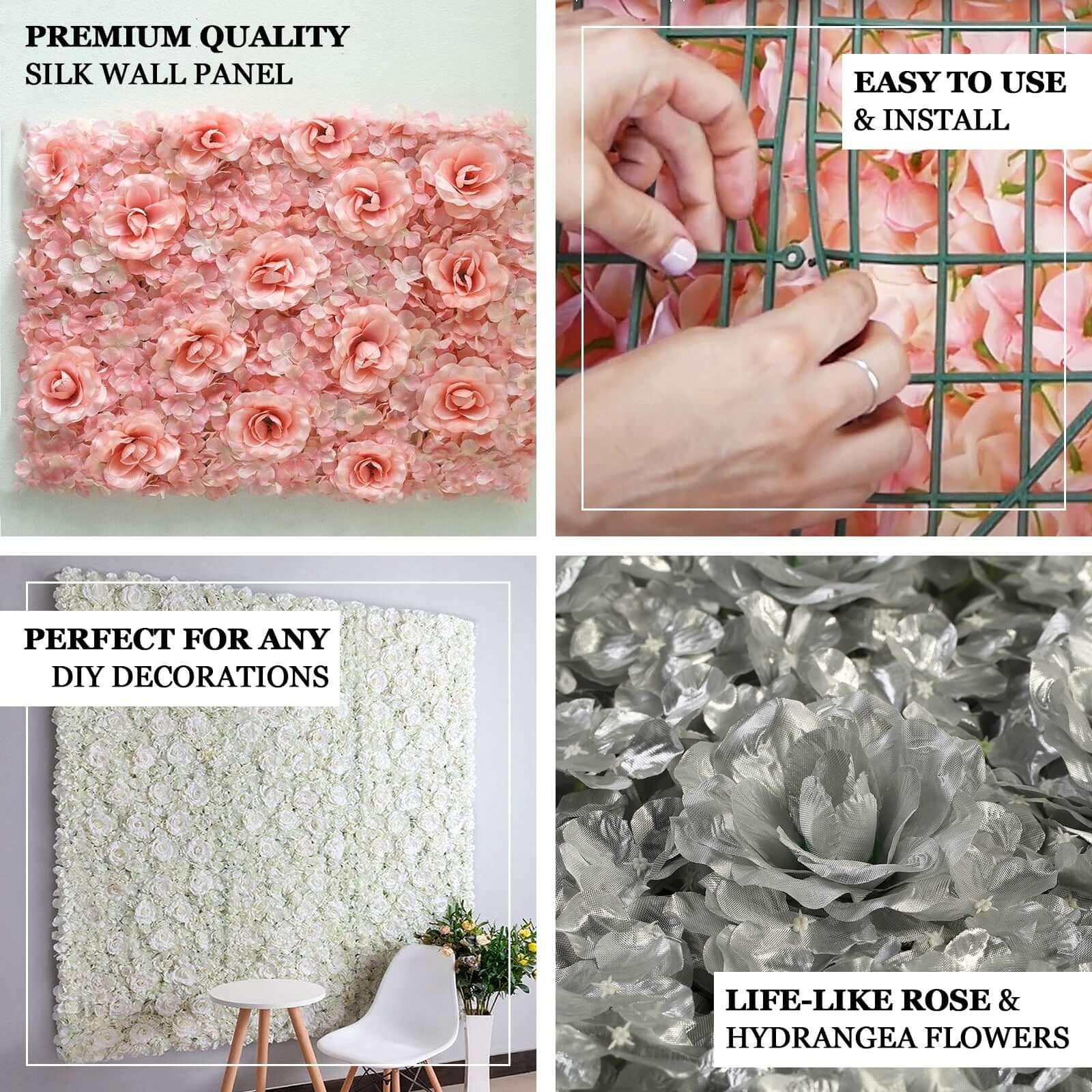 11 Sq ft. Cream 3D Silk Rose and Hydrangea Flower Wall Mat Backdrop - 4 Artificial Panels