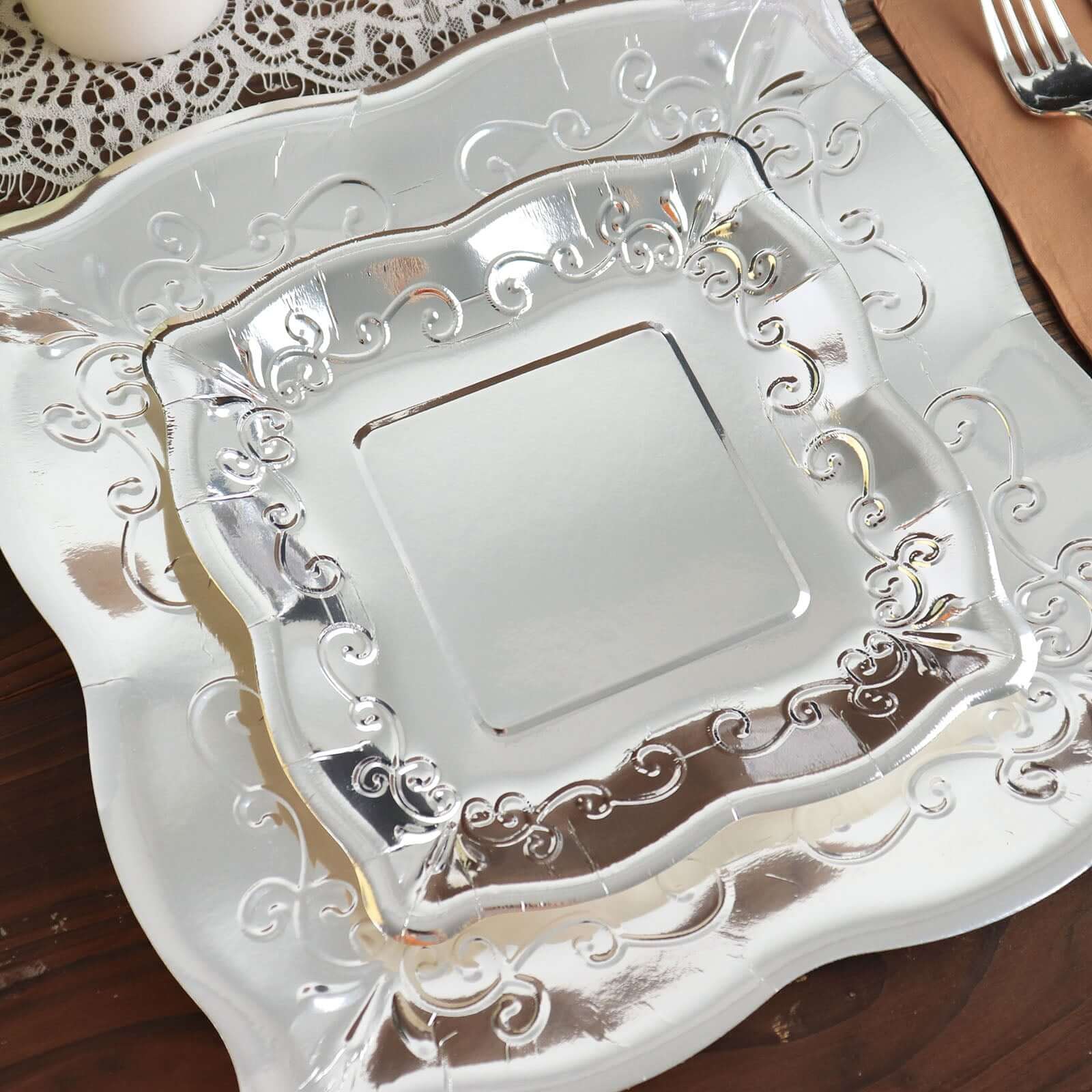 25-Pack Paper 7" Square Dessert Plates in Silver with Vintage Pottery Embossed Design - Shiny Metallic Disposable Appetizer Plates