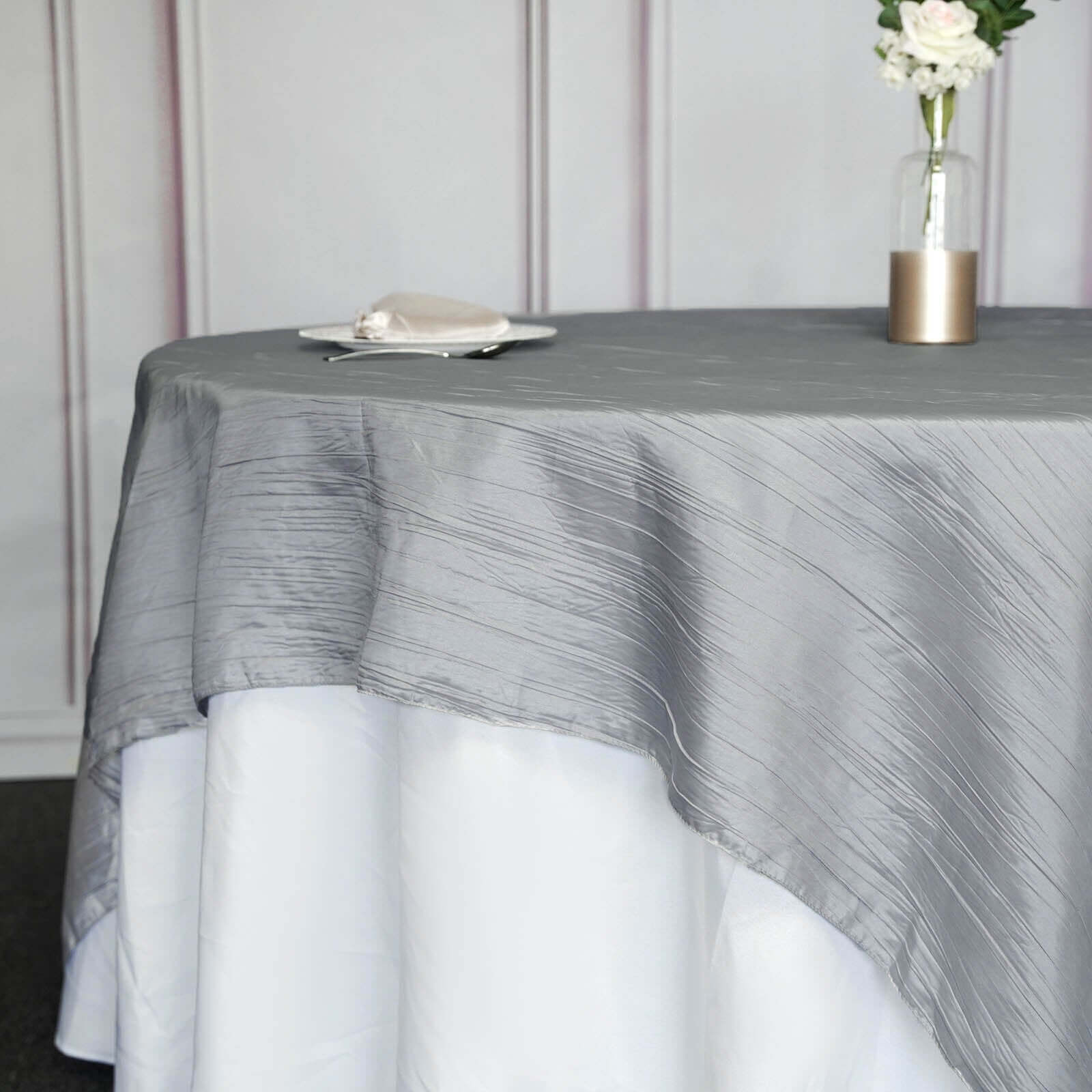 Taffeta 90"x90" Table Overlay Square Tablecloth Silver - Accordion Crinkle Table Cover