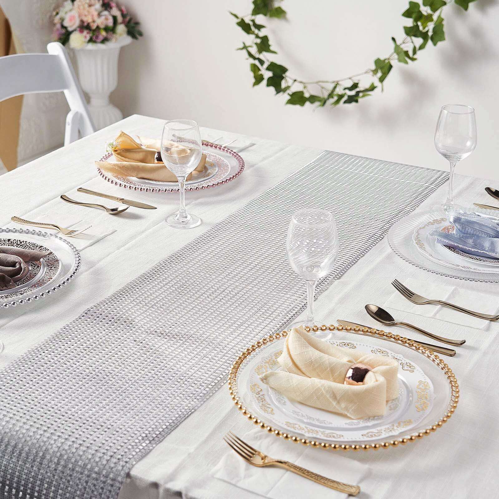 9ft Silver Glamorous Sequin Print Table Runner, Disposable Paper Table Runner