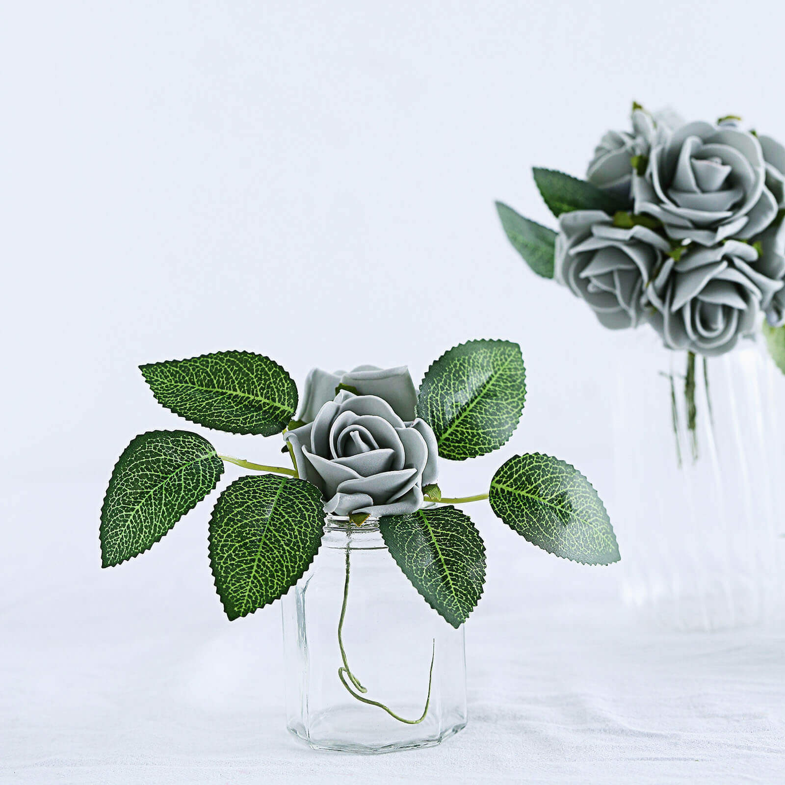 24 Roses 2" Silver Artificial Foam Flowers With Stem Wire and Leaves