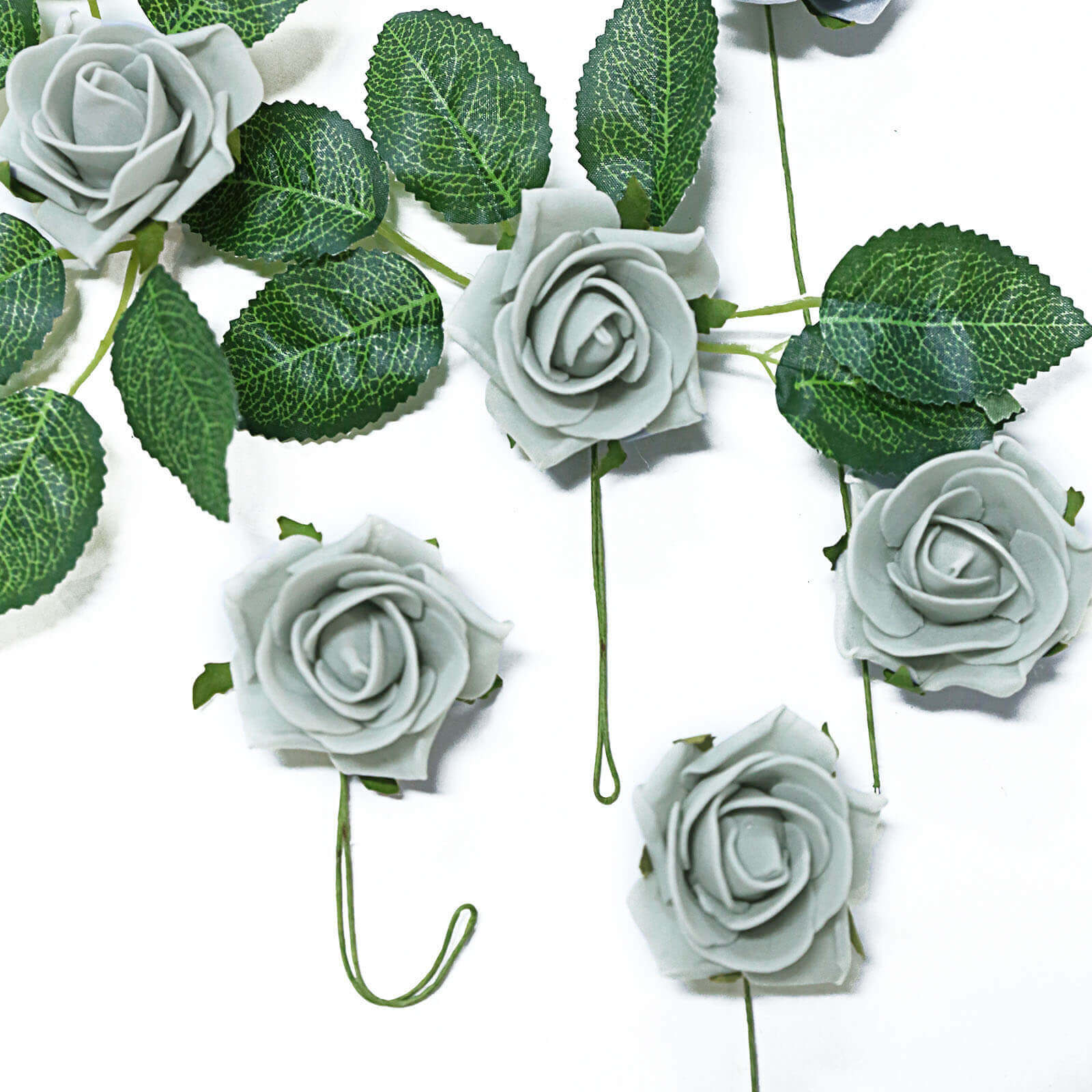 24 Roses 2" Silver Artificial Foam Flowers With Stem Wire and Leaves