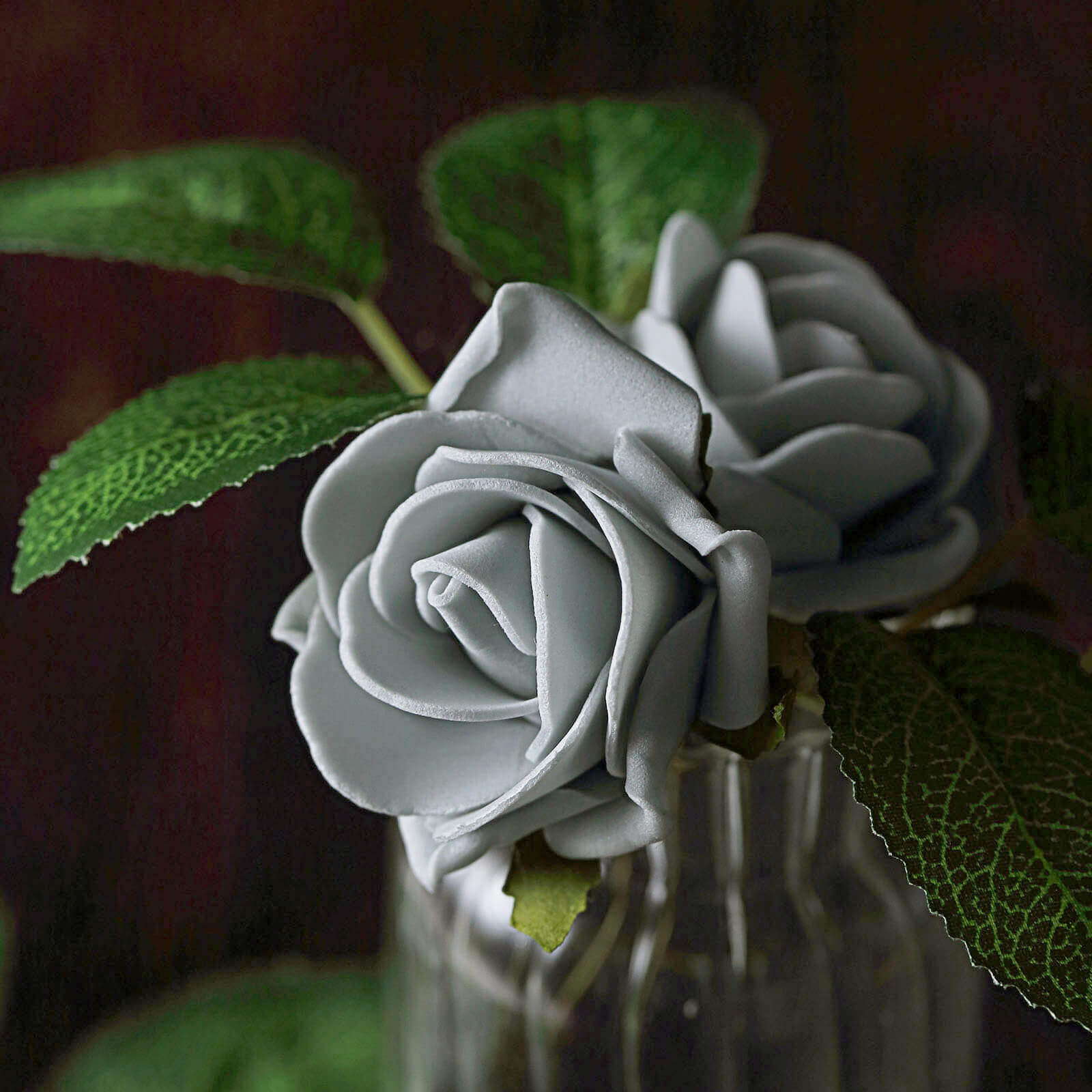 24 Roses 2" Silver Artificial Foam Flowers With Stem Wire and Leaves