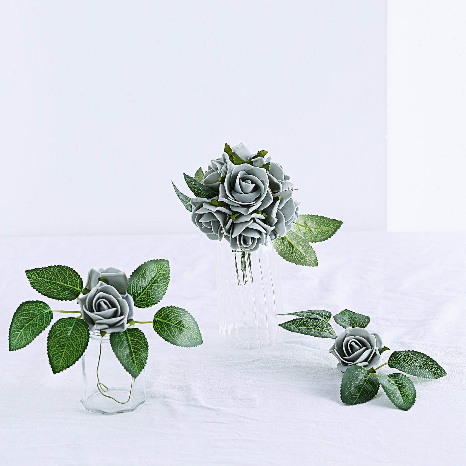 24 Roses 2" Silver Artificial Foam Flowers With Stem Wire and Leaves