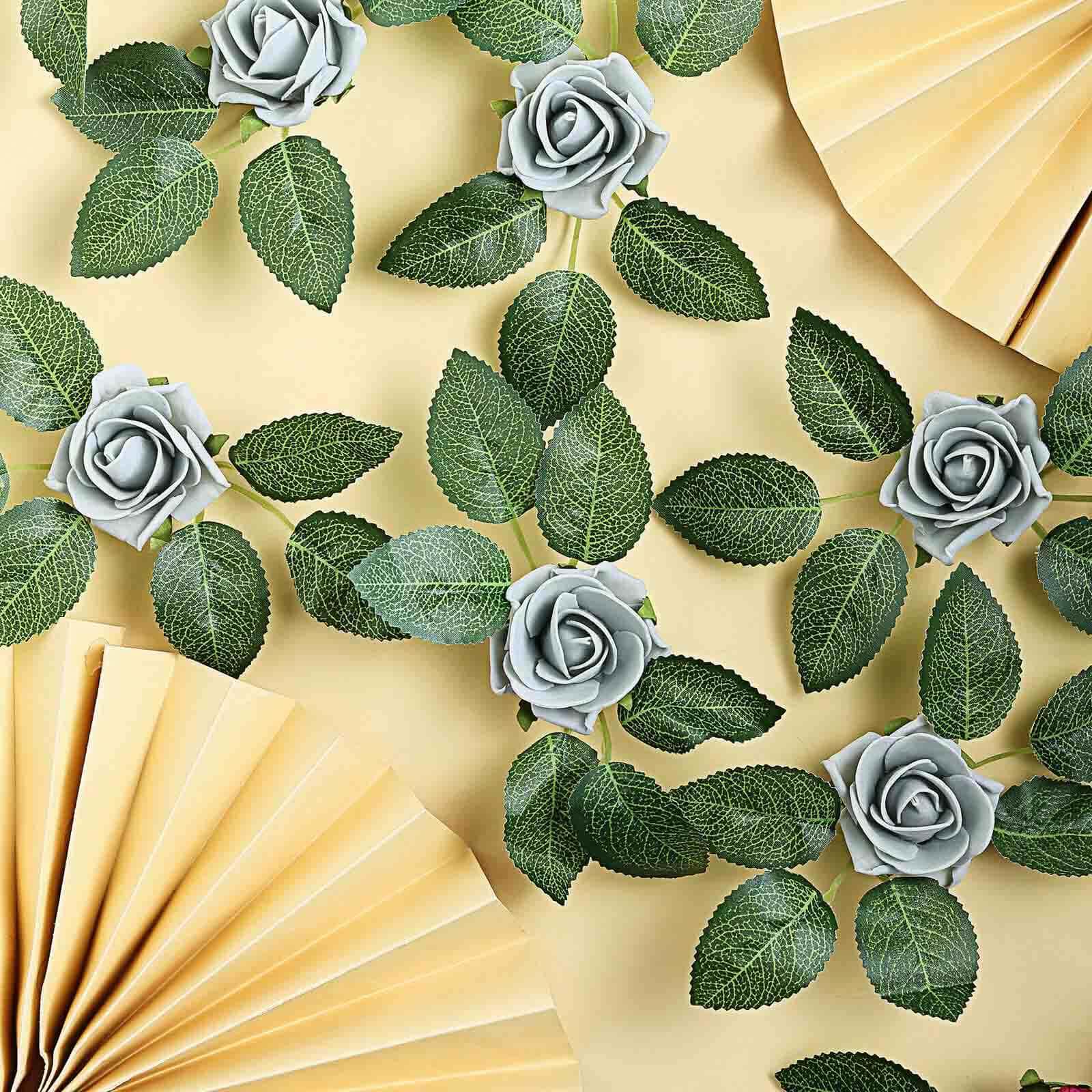 24 Roses 2" Silver Artificial Foam Flowers With Stem Wire and Leaves