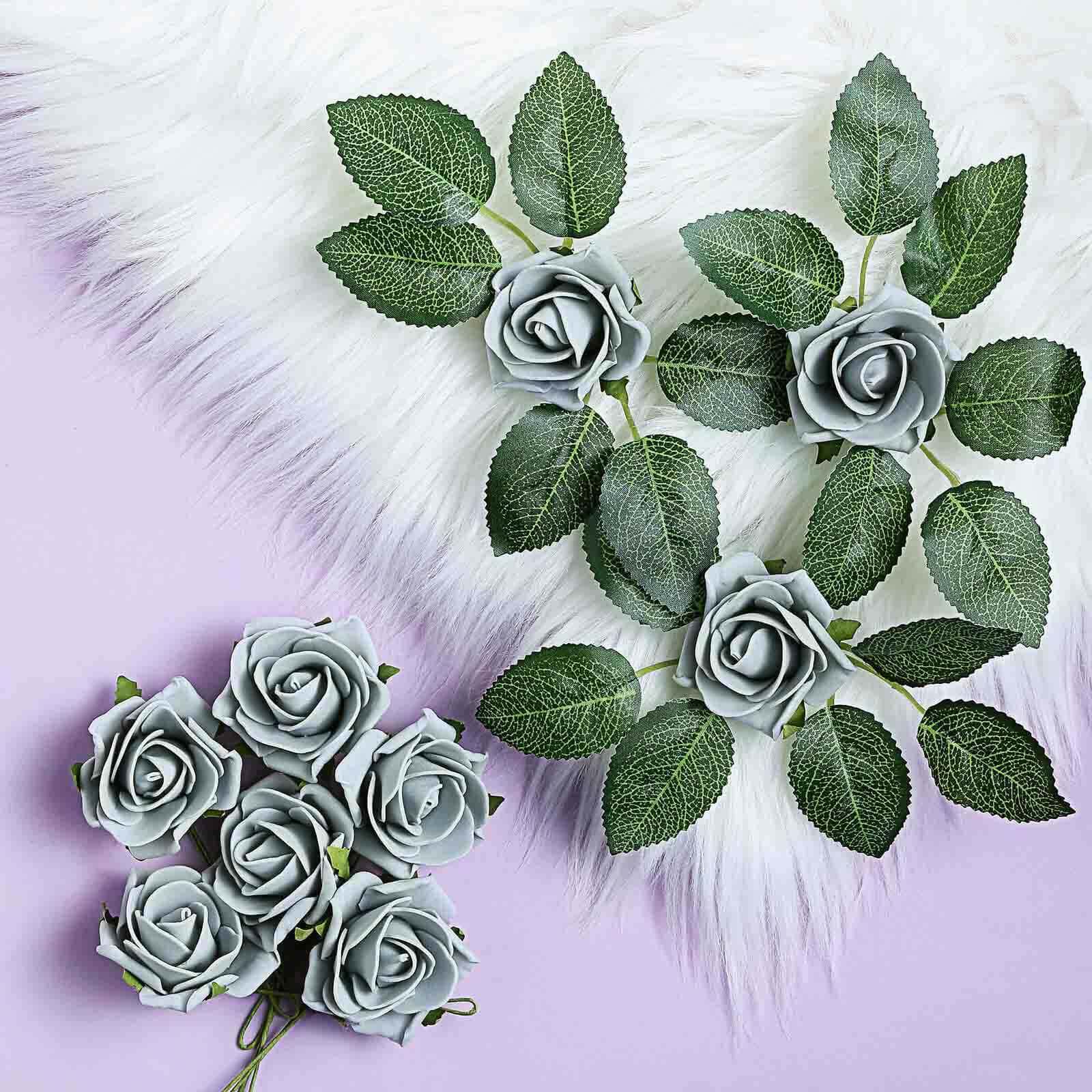 24 Roses 2" Silver Artificial Foam Flowers With Stem Wire and Leaves