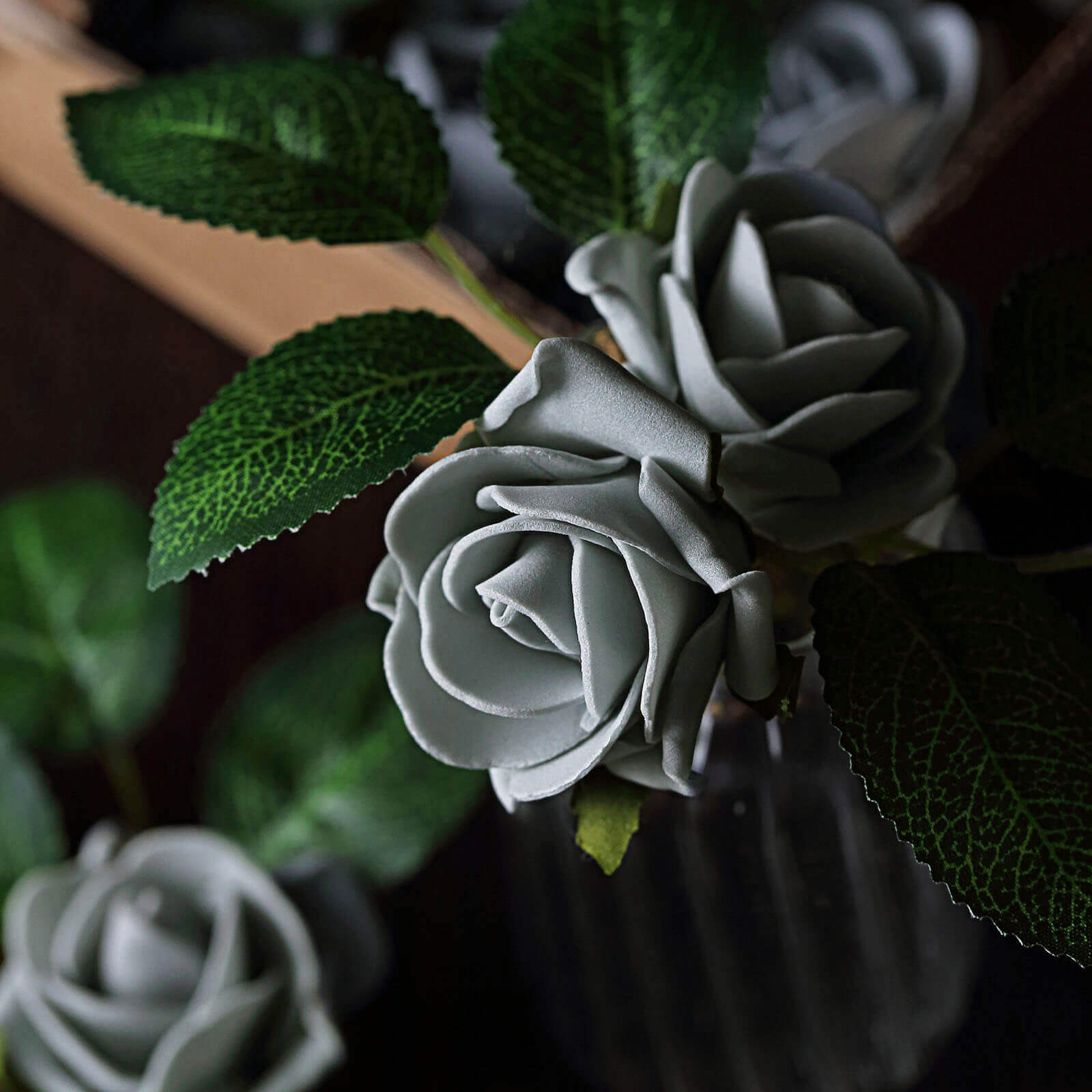 24 Roses 2" Silver Artificial Foam Flowers With Stem Wire and Leaves