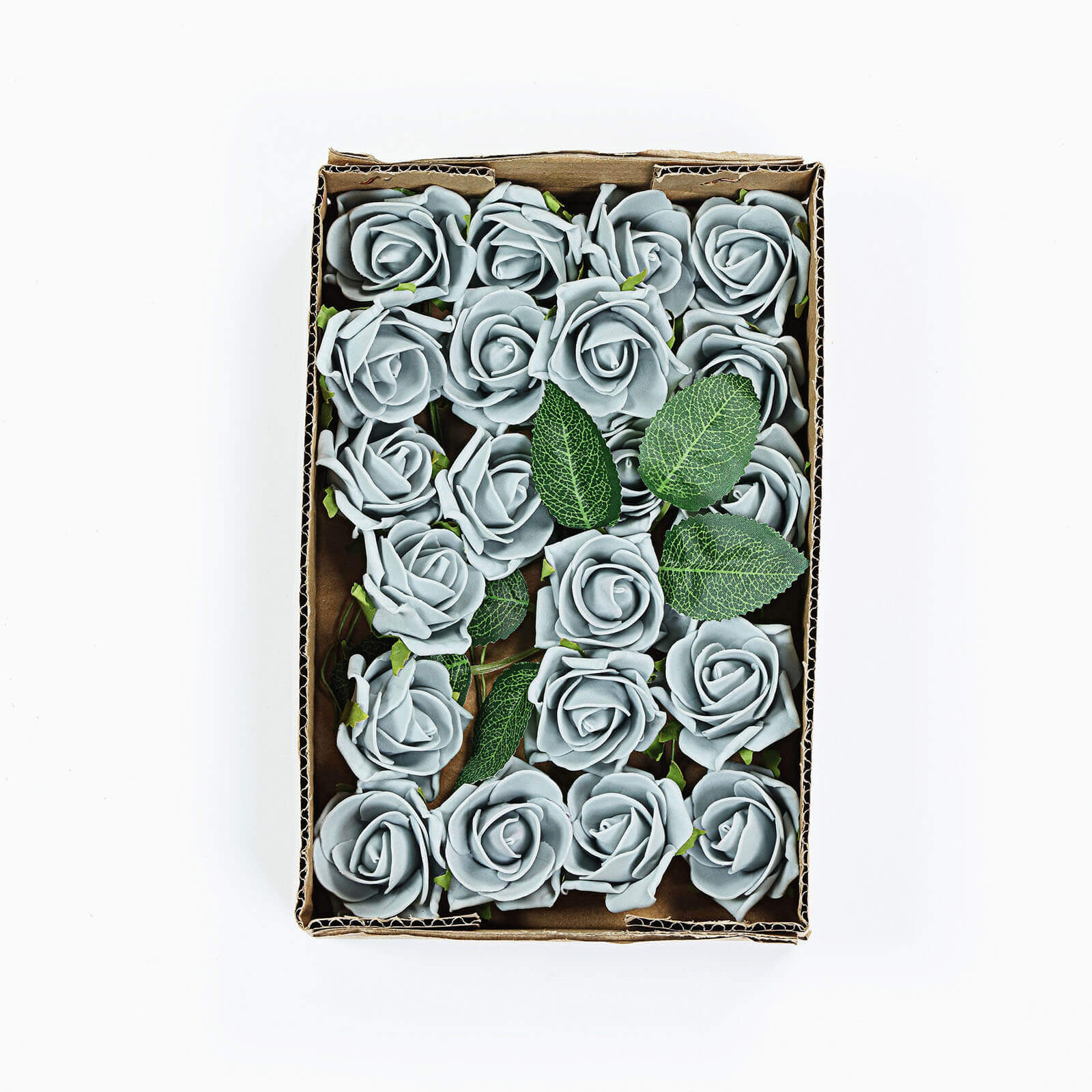 24 Roses 2" Silver Artificial Foam Flowers With Stem Wire and Leaves