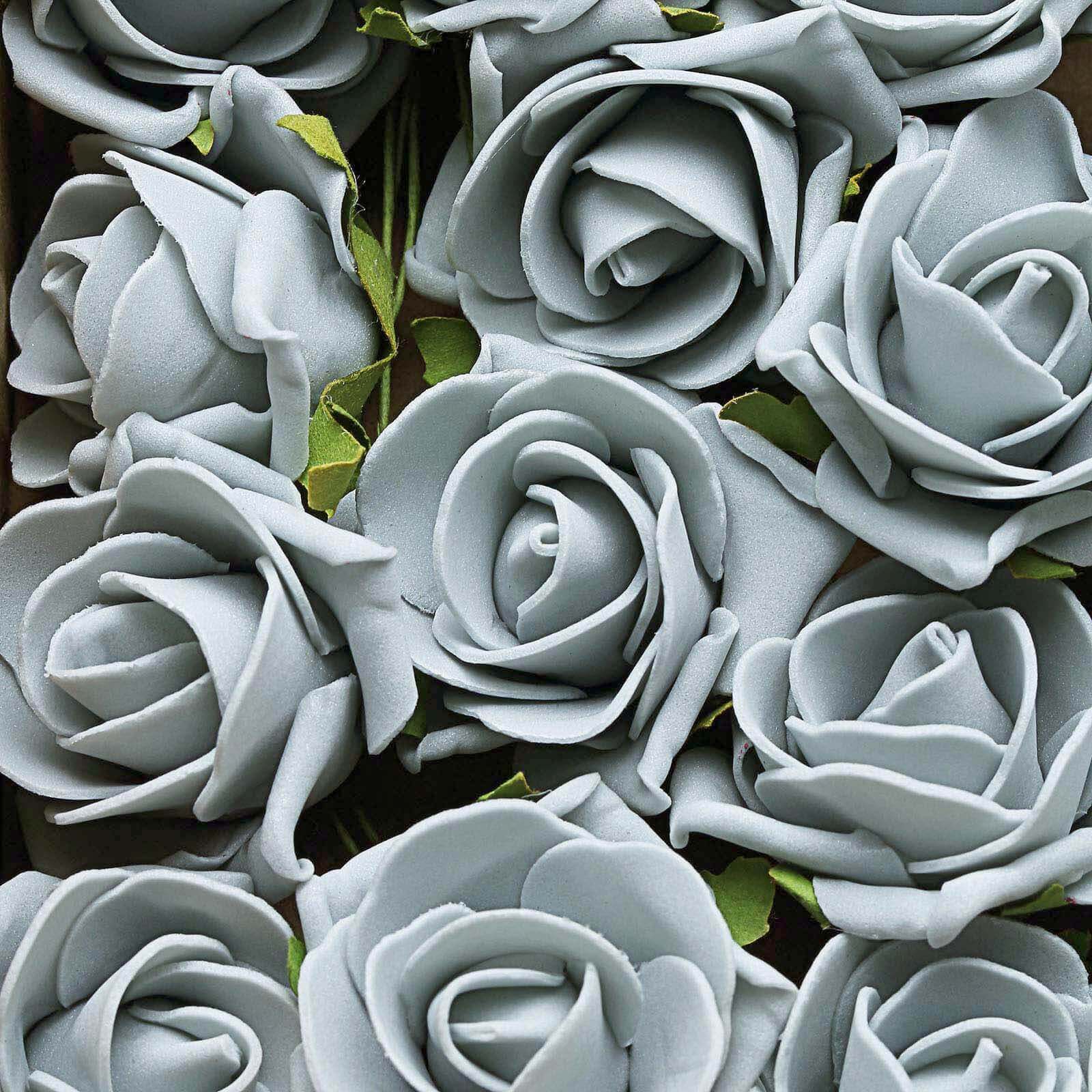 24 Roses 2" Silver Artificial Foam Flowers With Stem Wire and Leaves