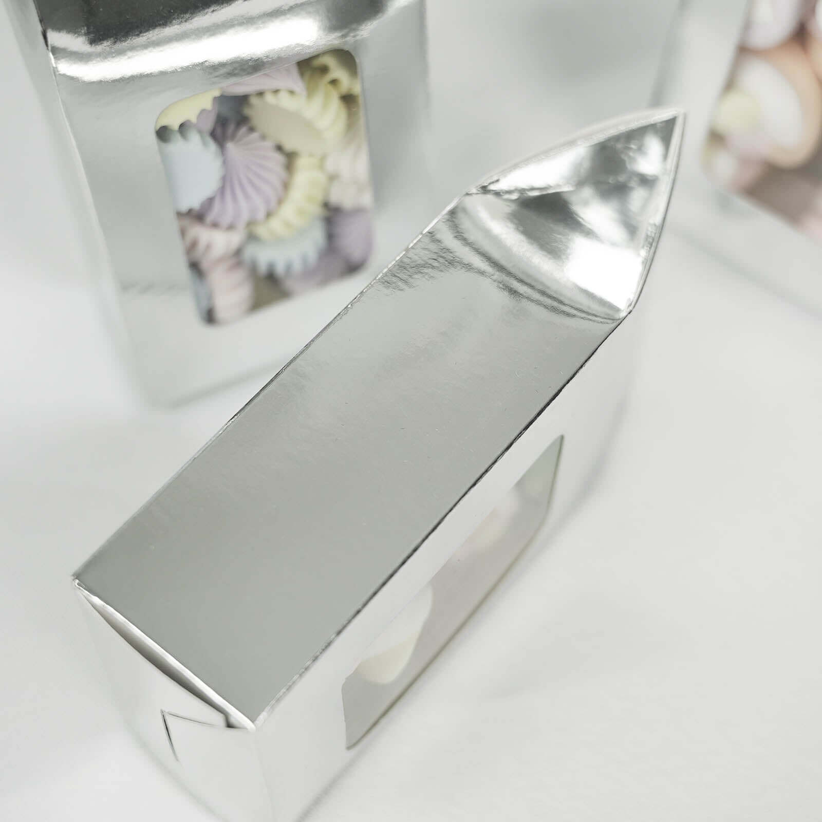 25 Pack Silver Tote With Window Party Favor Candy Gift Boxes 2.75" X 1.5" X 6"