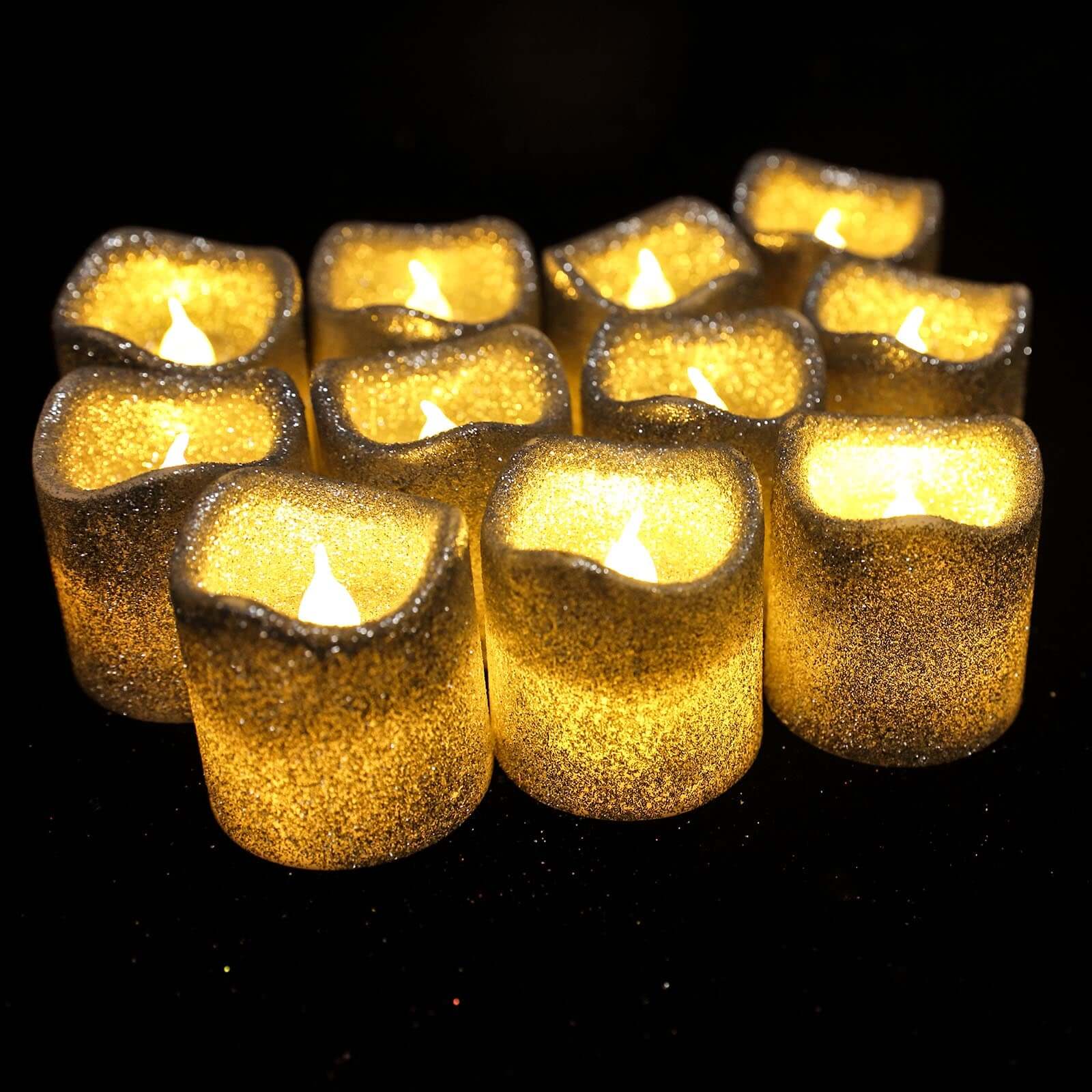 12-Pack LED Votive Candles Glittered Silver Design - Reusable Flameless Battery Operated Lights