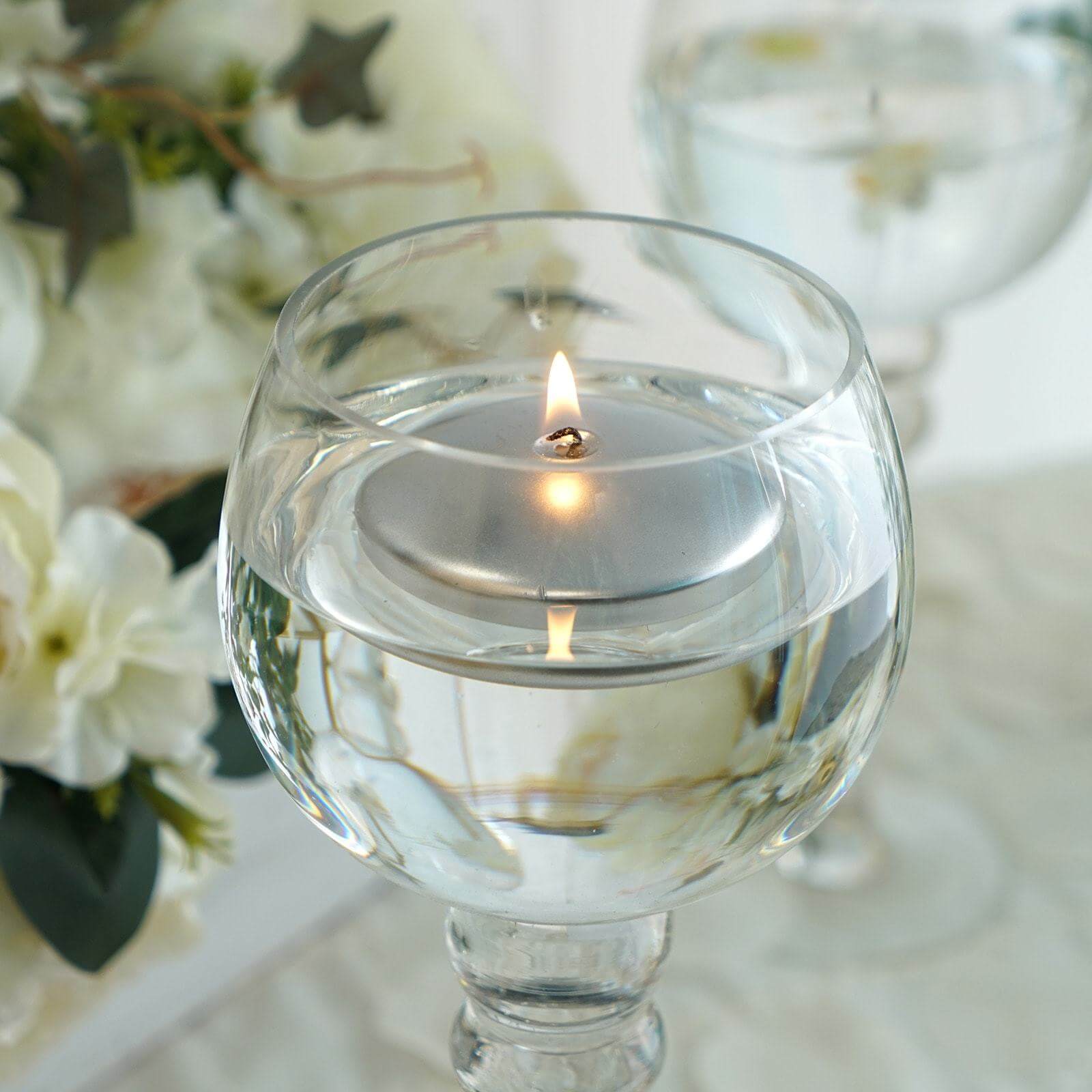 4 Pack 3" Metallic Silver Disc Unscented Floating Candles, Dripless