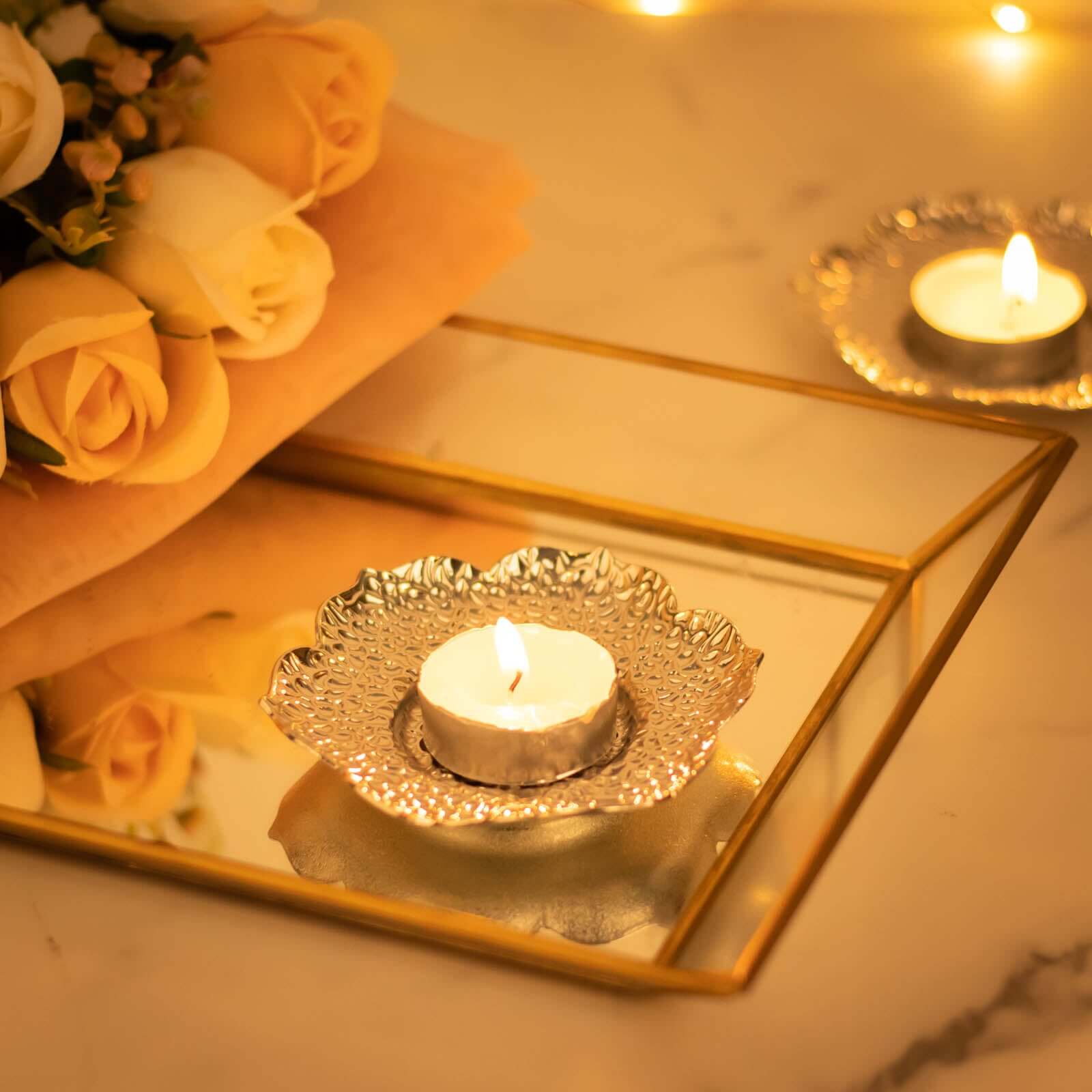 3-Pack Metal Votive Candle Holders Plum Blossom Design Shiny Silver - Vintage Mini Tea Cup Saucers 4"
