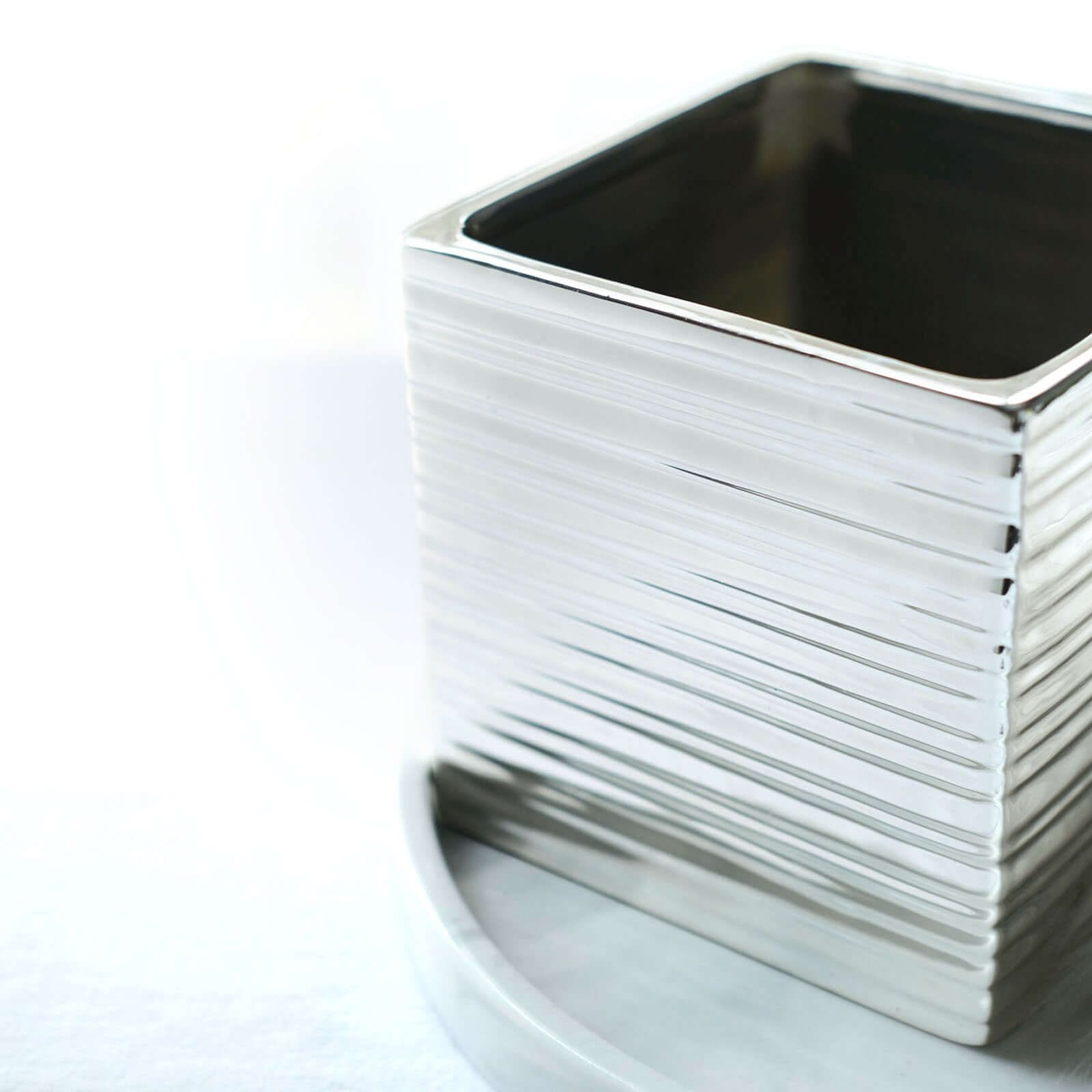 2 Pack 5" Silver Brush Textured Ceramic Square Indoor Plant Pots, Cube Shaped Flower Box