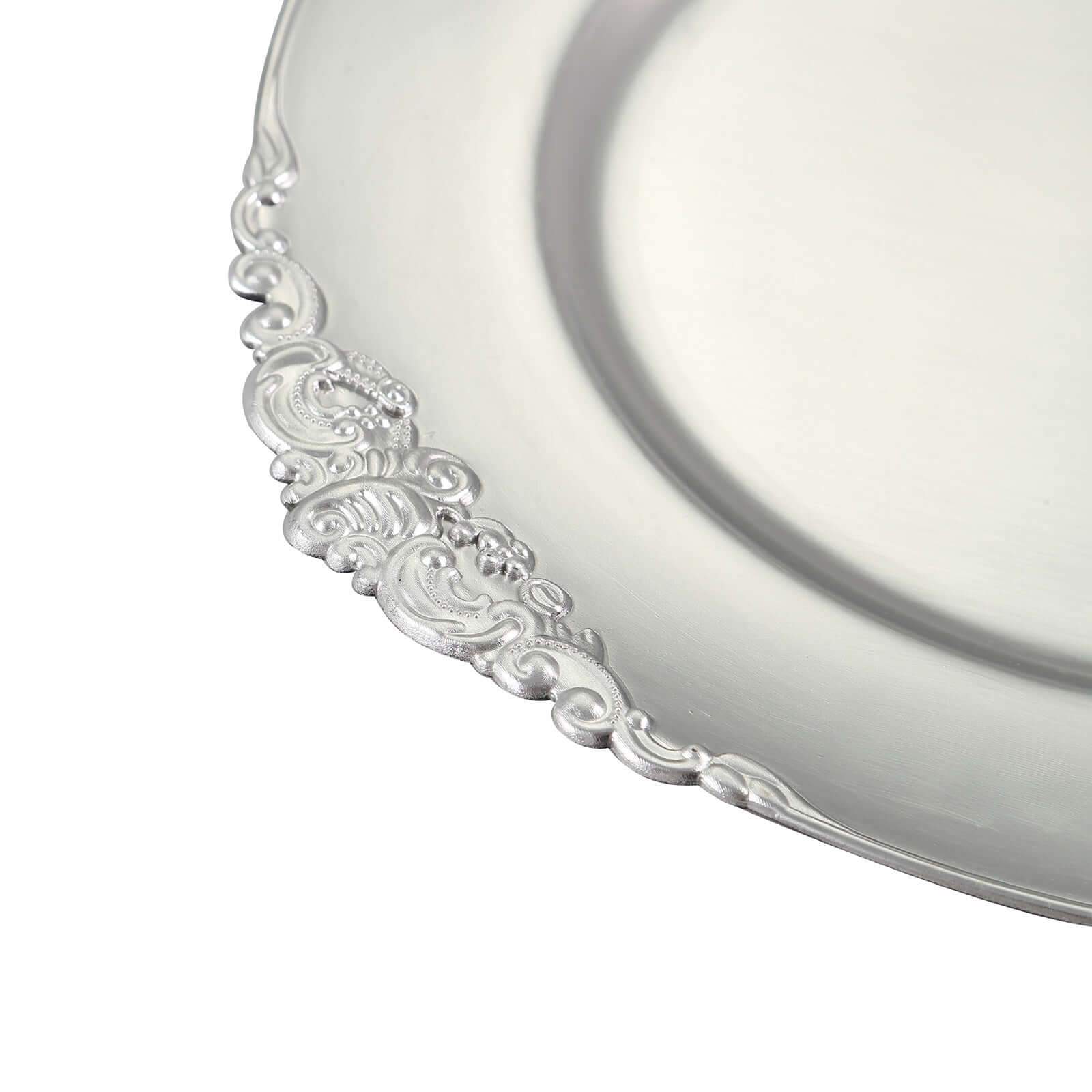 6-Pack Acrylic Round Charger Plates 13" in Silver with Embossed Baroque Rim, Antique Decorative Dinner Party Charger Tableware