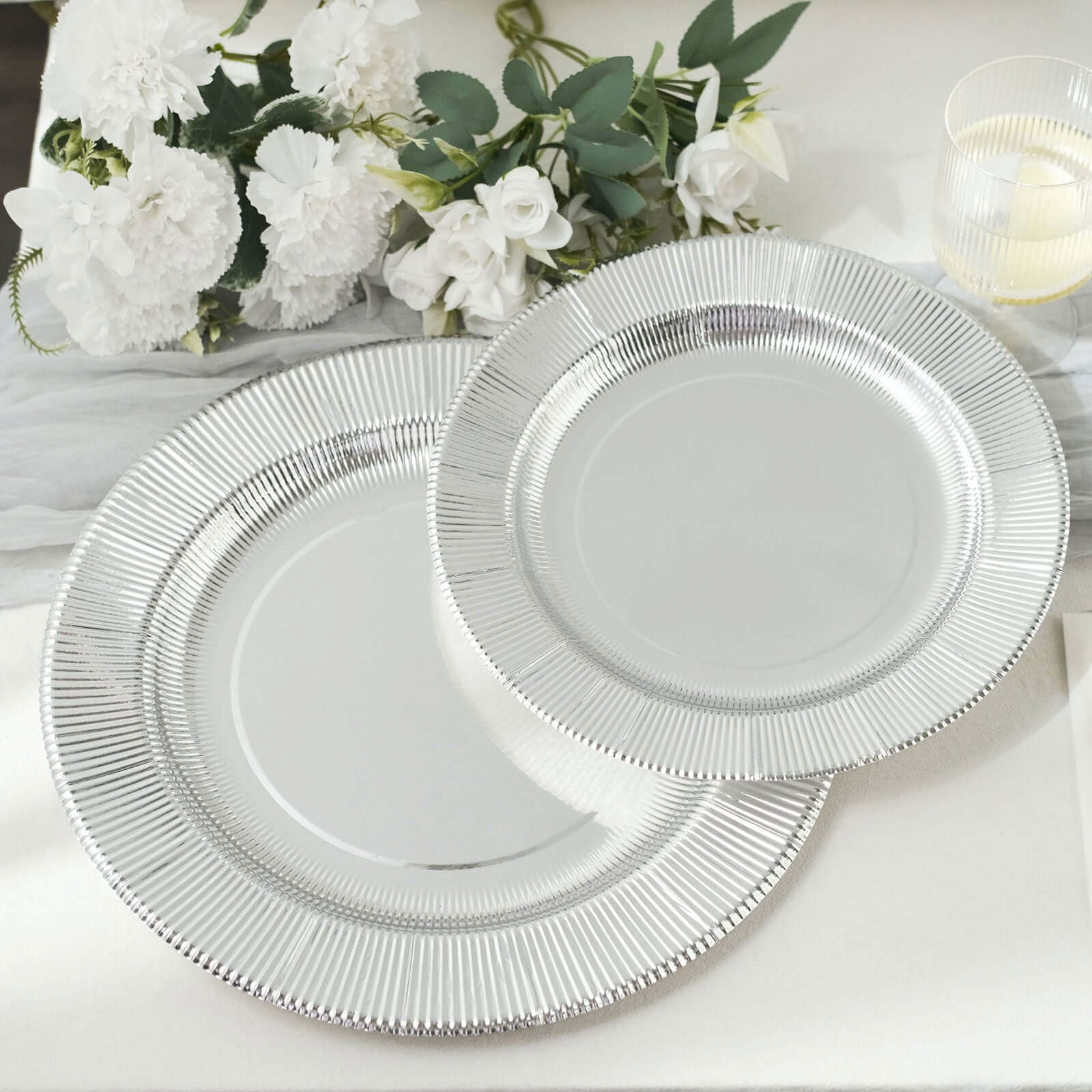 25-Pack Disposable Round Charger Plates in Metallic Silver Sunray Design - 350GSM Heavy Duty Paper Chargers 13"