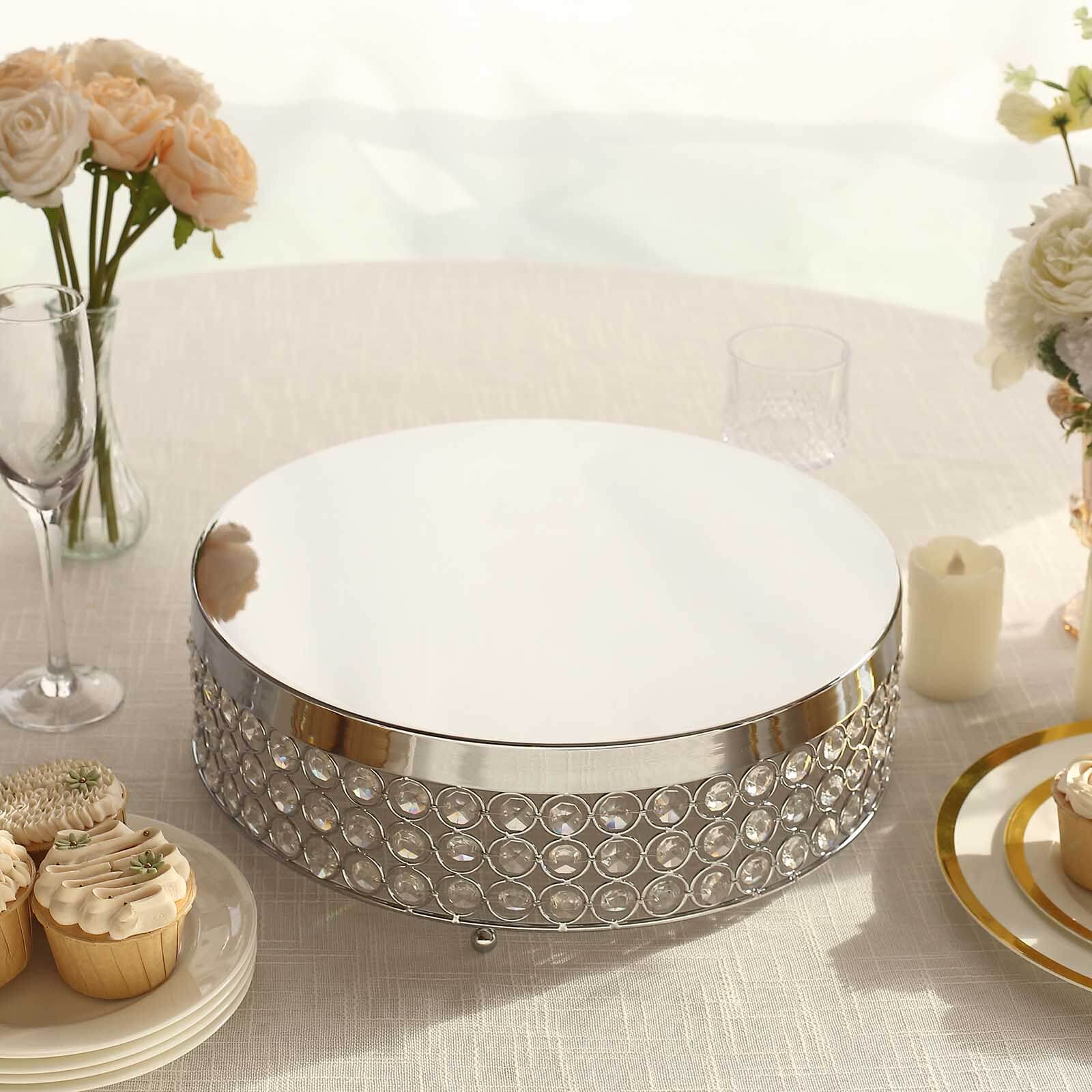 Metal Cake Stand Pedestal Crystal Beaded Design Silver - Cupcake Display and Dessert Riser 16"