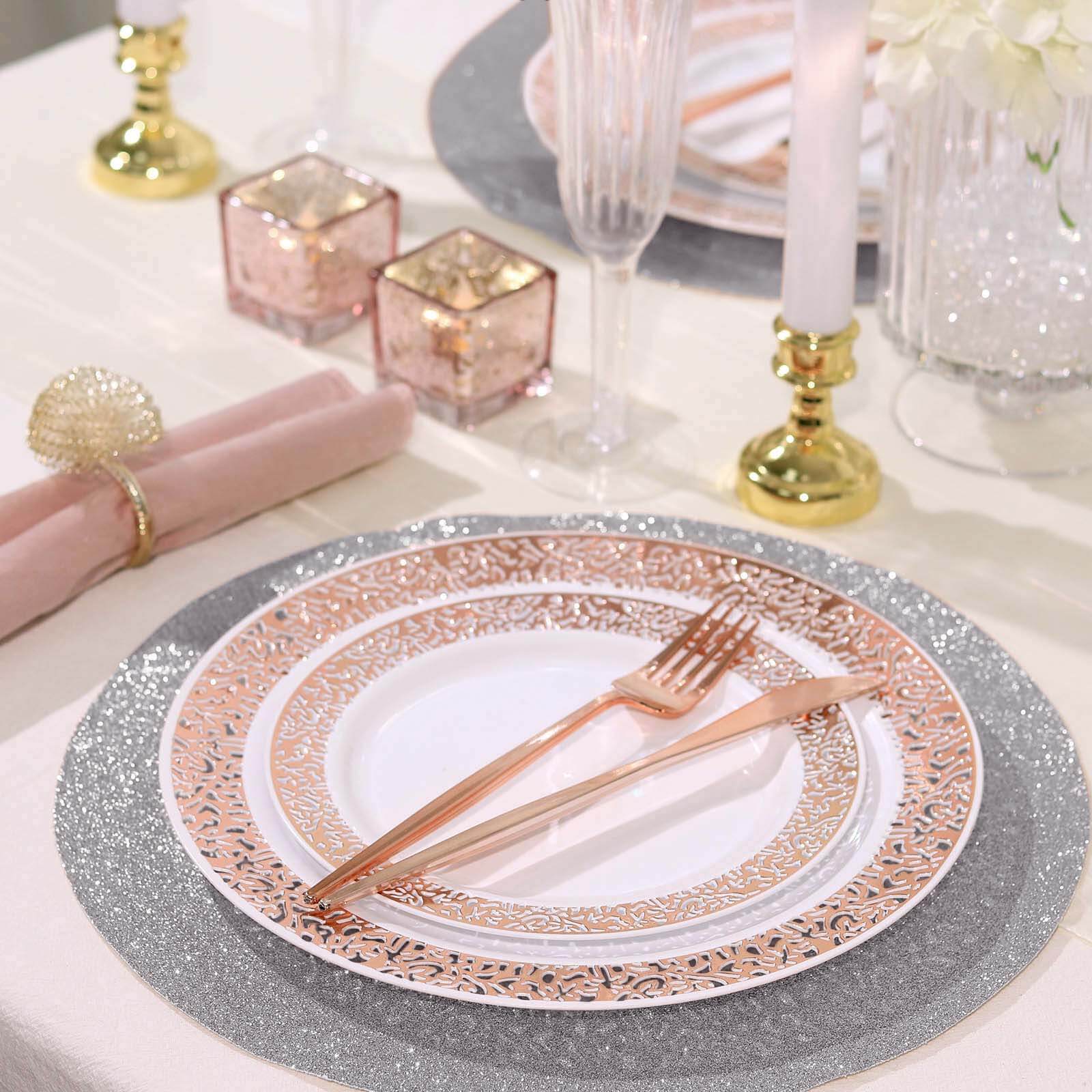 6-Pack Placemats Glitter Design Silver Sparkle Round - Non-Slip Decorative Dining Table Mats 13"