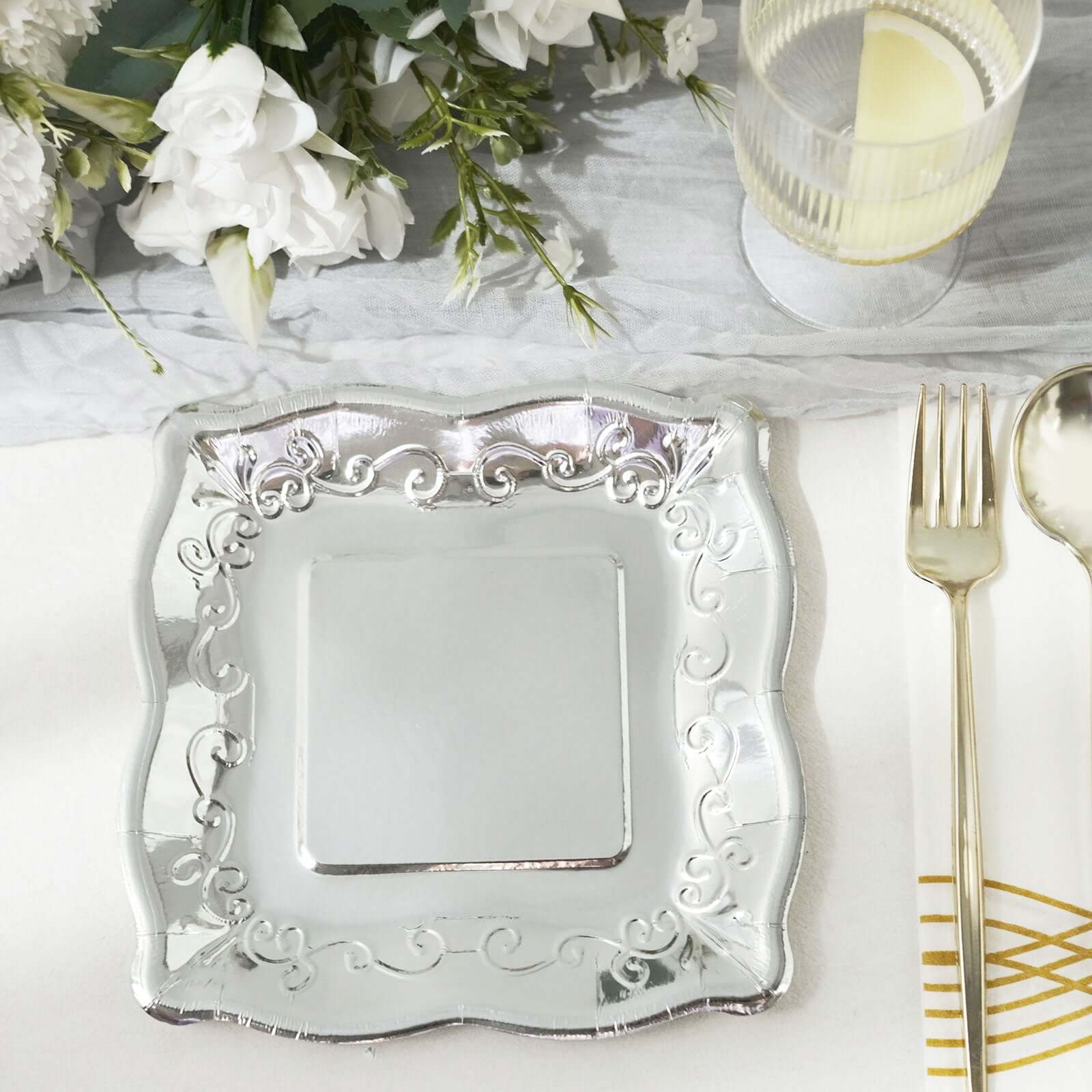 25-Pack Paper 7" Square Dessert Plates in Silver with Vintage Pottery Embossed Design - Shiny Metallic Disposable Appetizer Plates