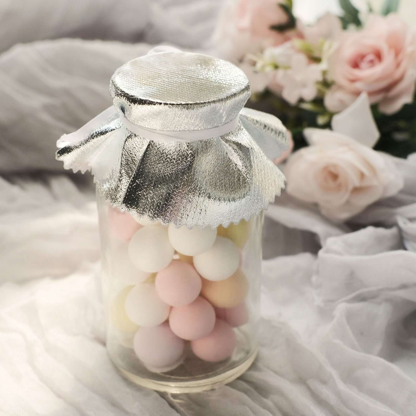 6-Pack Jar Covers Metallic Silver Round Lame Fabric Design with Satin Tie String - DIY Party Favors & Craft Supplies 6"