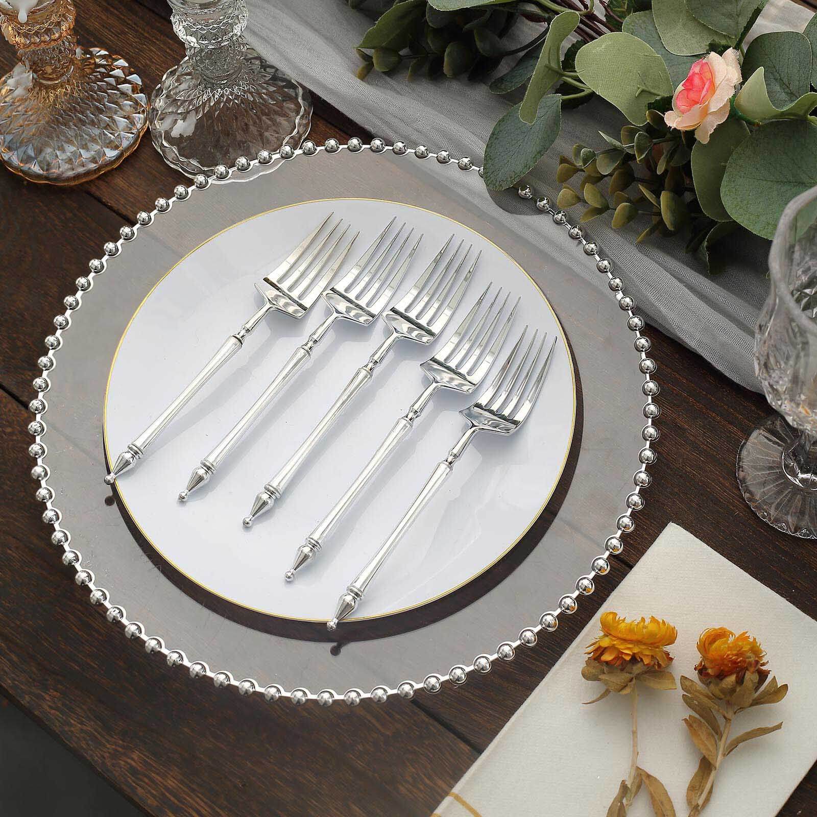 24-Pack Plastic Dessert Forks with Roman Column Handle Silver - European Style Disposable Utensils 6"