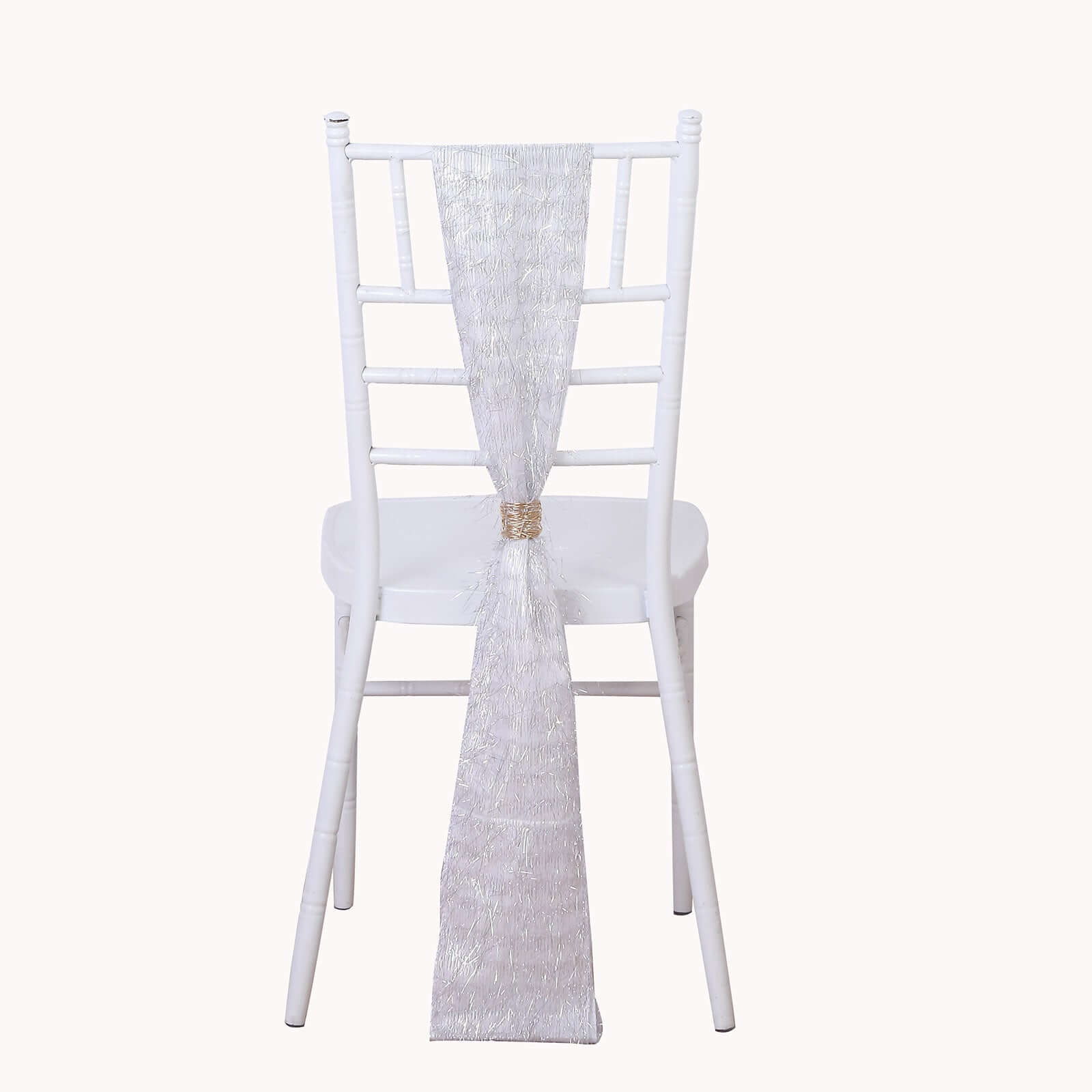 5 Pack Polyester Chair Sashes Silver Metallic Tinsel Fringe - Easy to Use Chair Bows 6"x108"