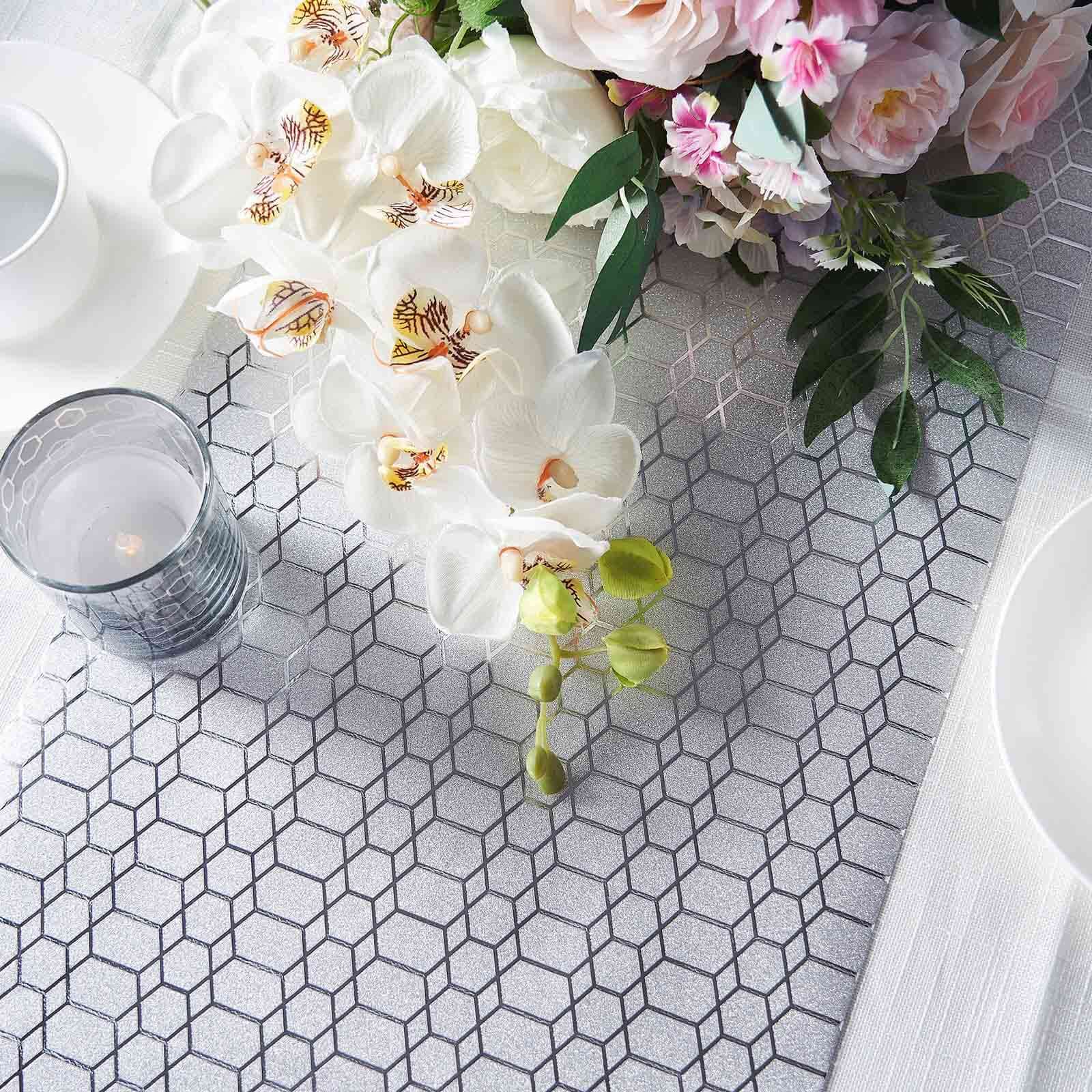 Glitter Paper 9ft Table Runner Roll Silver Disposable Geometric Honeycomb Pattern Table Decor