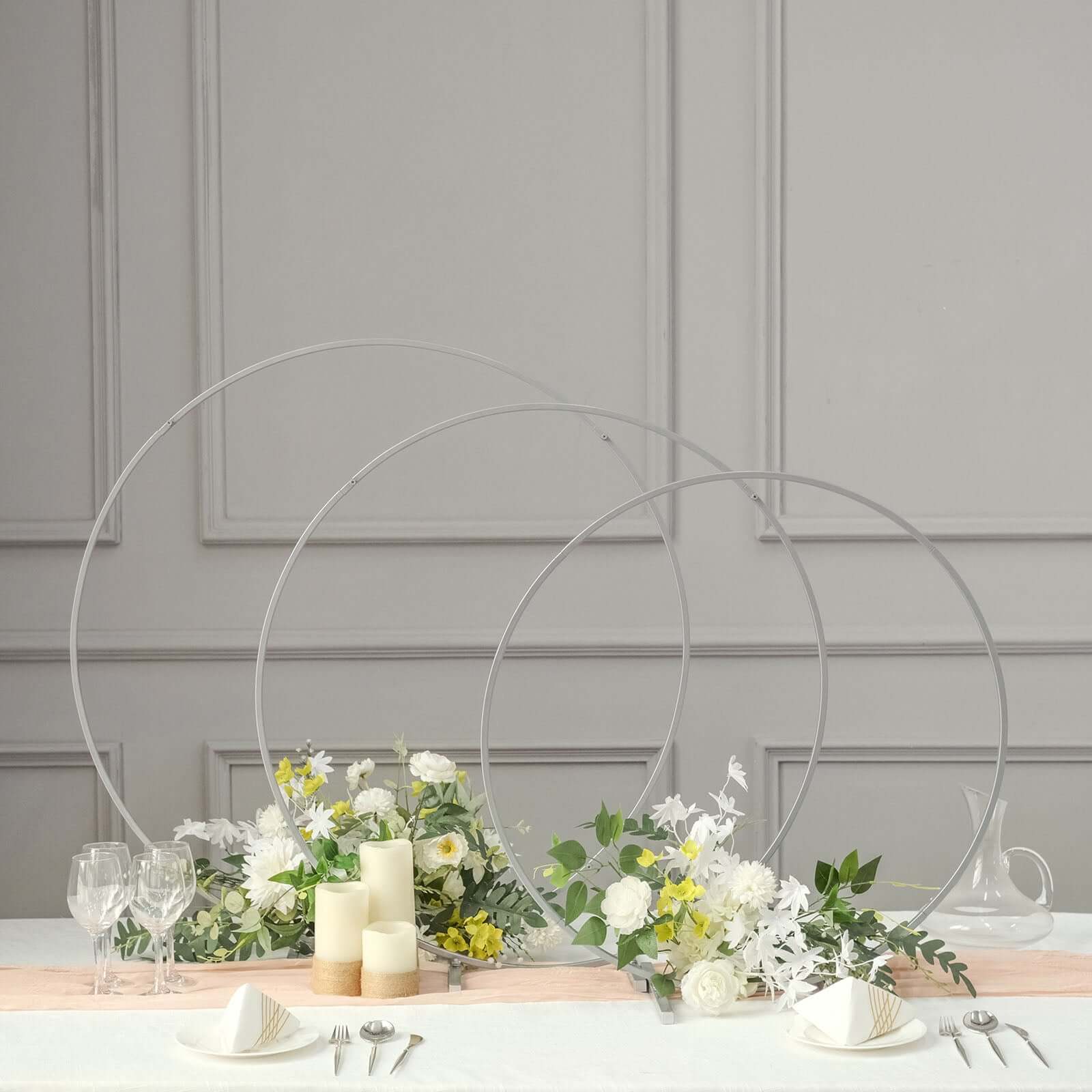 28" Silver Metal Round Hoop Wedding Centerpiece, Self Standing Table Floral Wreath Frame