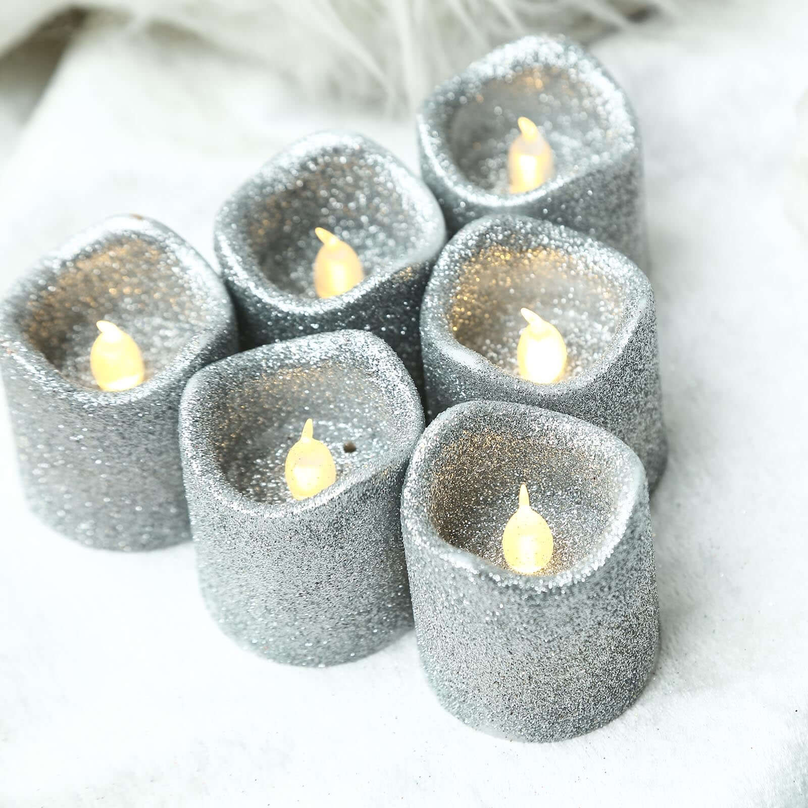 12-Pack LED Votive Candles Glittered Silver Design - Reusable Flameless Battery Operated Lights