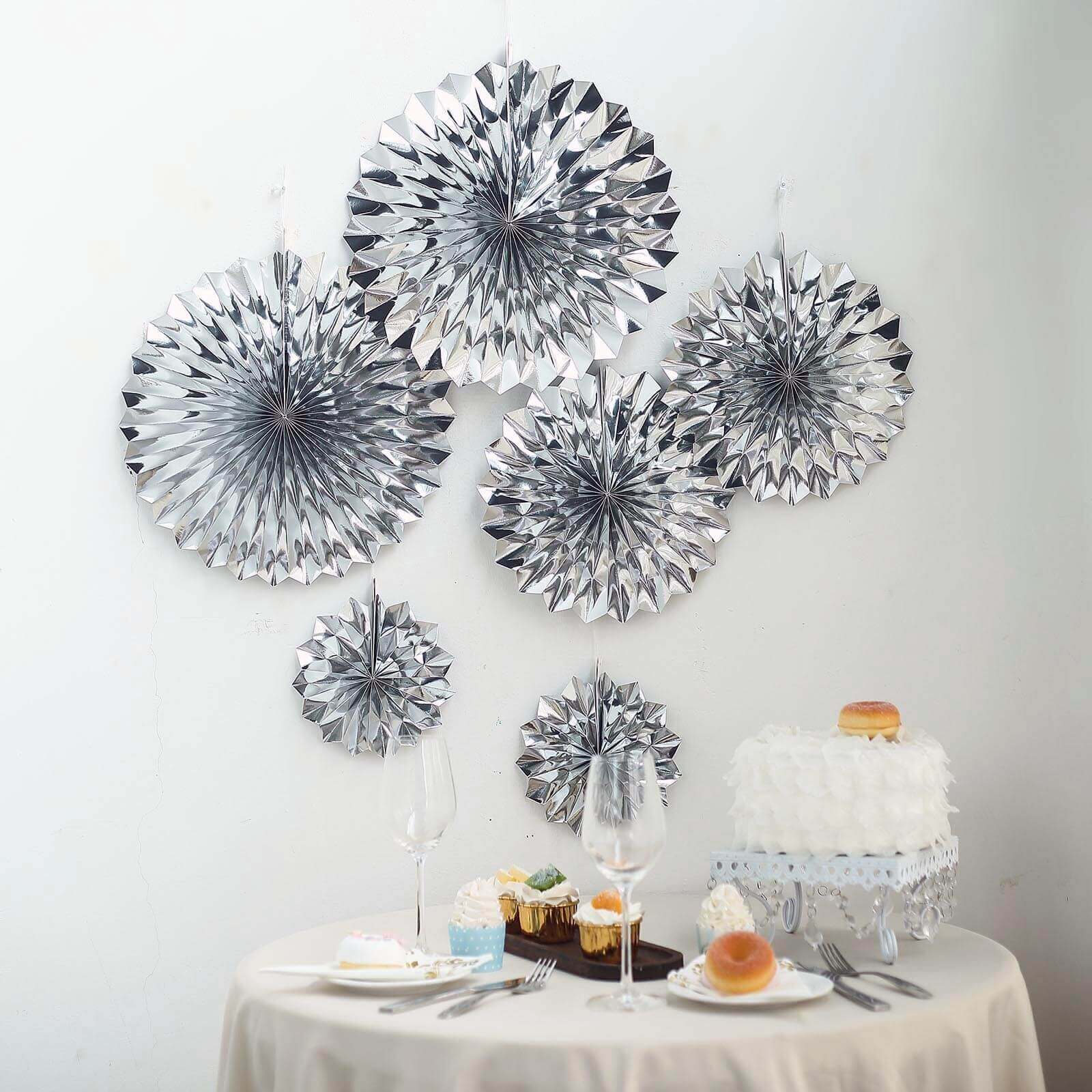 Set of 6 Metallic Silver Hanging Paper Fan Decorations, Pinwheel Wall Backdrop Party Kit - 8", 12", 16"