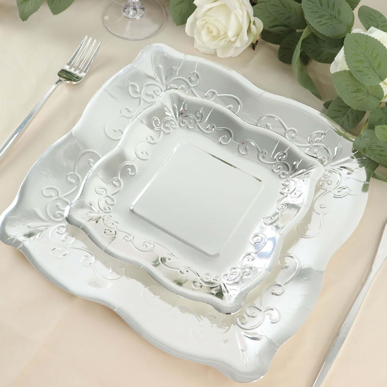 25-Pack Paper 7" Square Dessert Plates in Silver with Vintage Pottery Embossed Design - Shiny Metallic Disposable Appetizer Plates