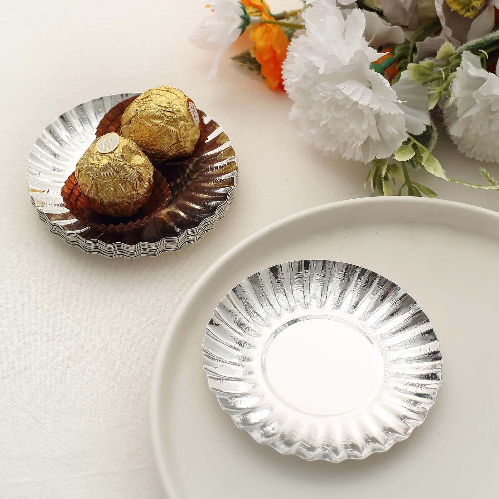 50-Pack Paper 3.5" Round Party Plates in Metallic Silver with Scalloped Rim - Disposable Mini 250GSM Dessert Plates for Tapas, Appetizers & Finger Foods